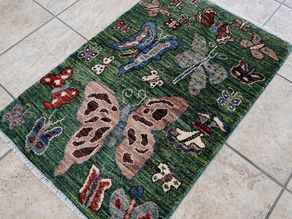 2x3 Ft Green Butterfly Rug - Hand Knotted Afghan Rug