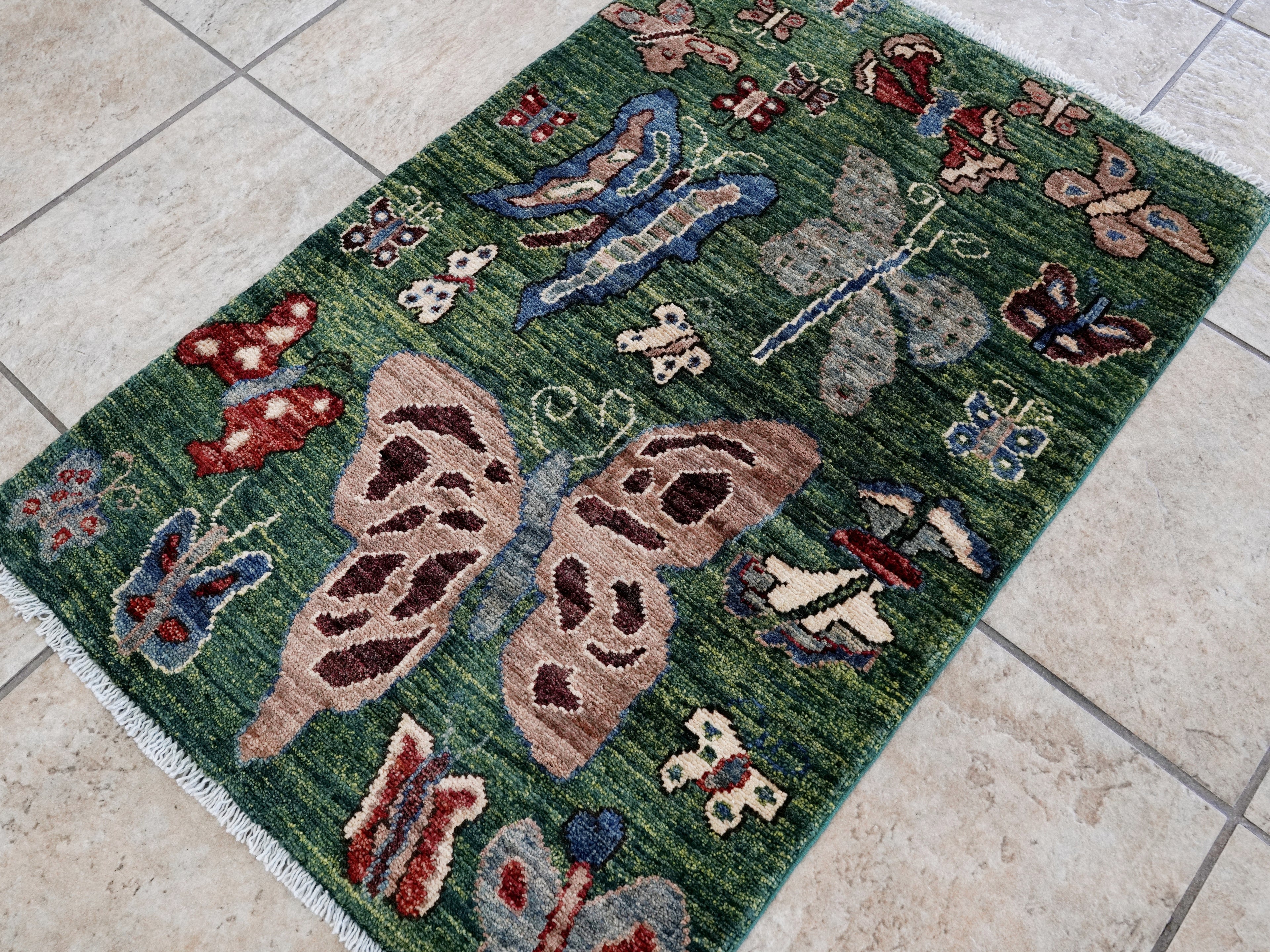 2x3 Ft Green Butterfly Rug - Hand Knotted Afghan Rug