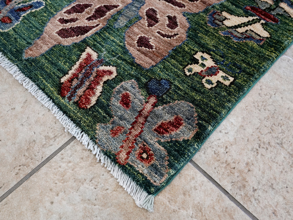 2x3 Ft Green Butterfly Rug - Hand Knotted Afghan Rug