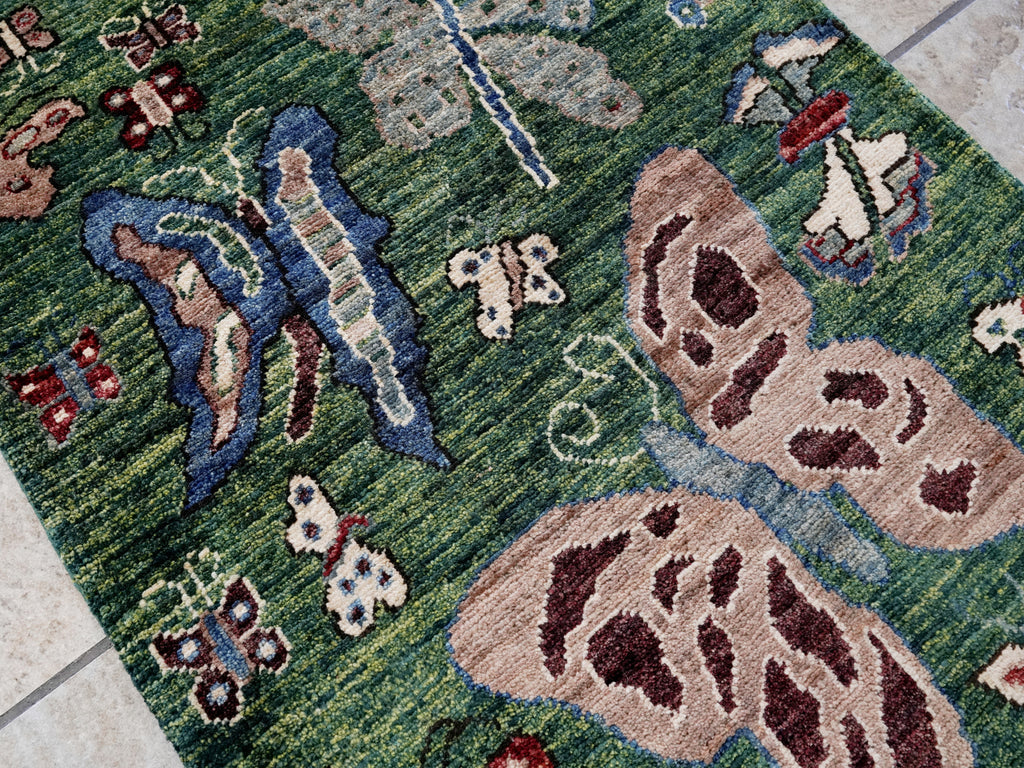 2x3 Ft Green Butterfly Rug - Hand Knotted Afghan Rug