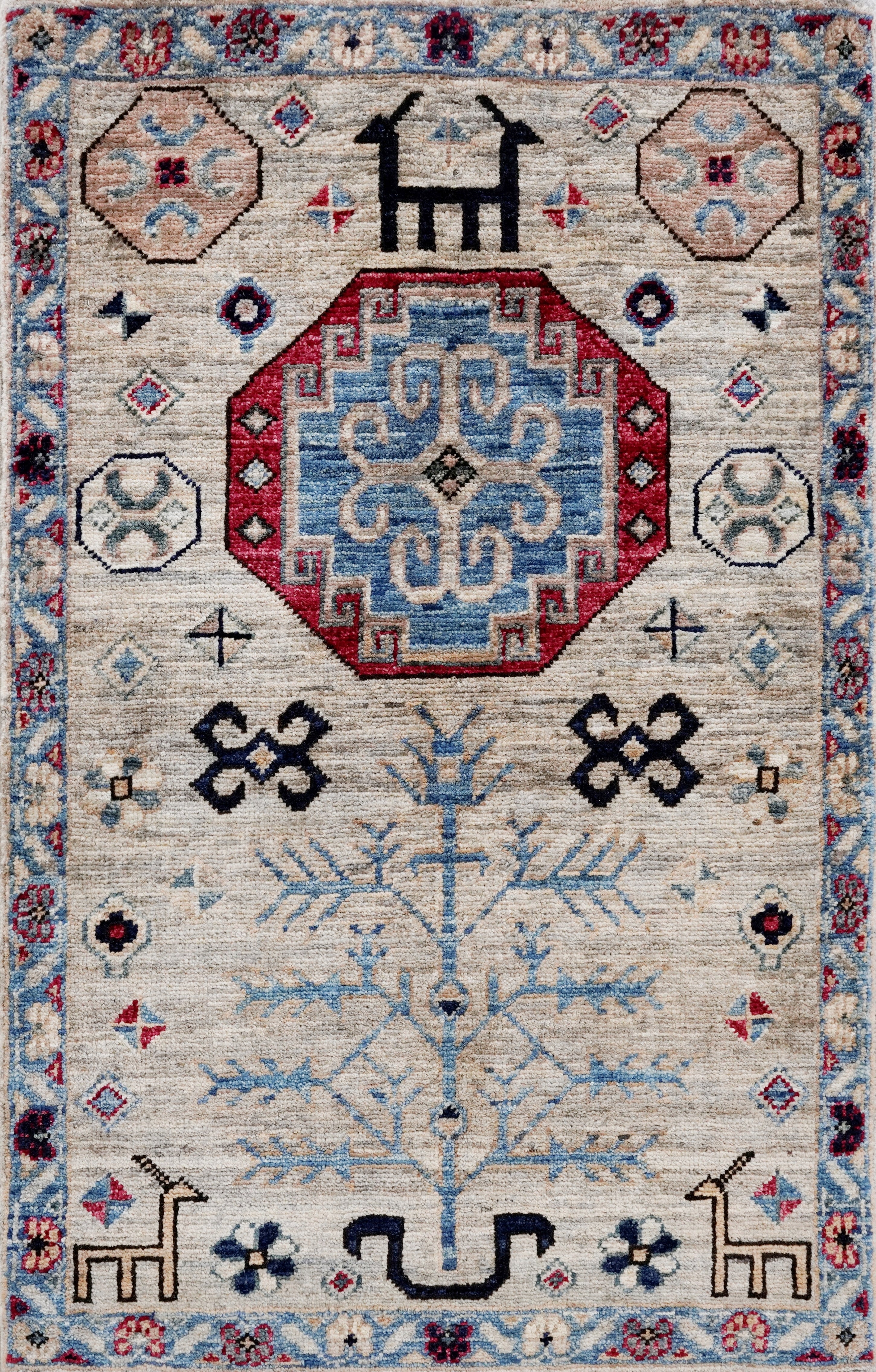 2x3 Ft Neutral Afghan Rug - Hand Knotted Tribal Rug