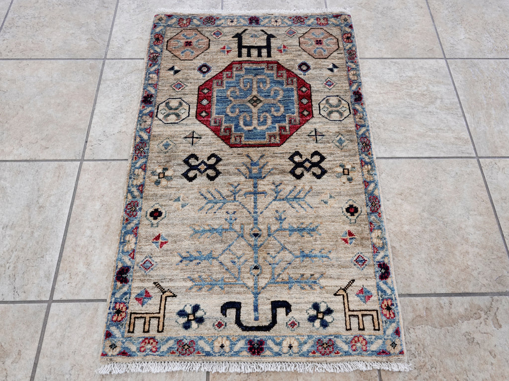 2x3 Ft Neutral Afghan Rug - Hand Knotted Tribal Rug
