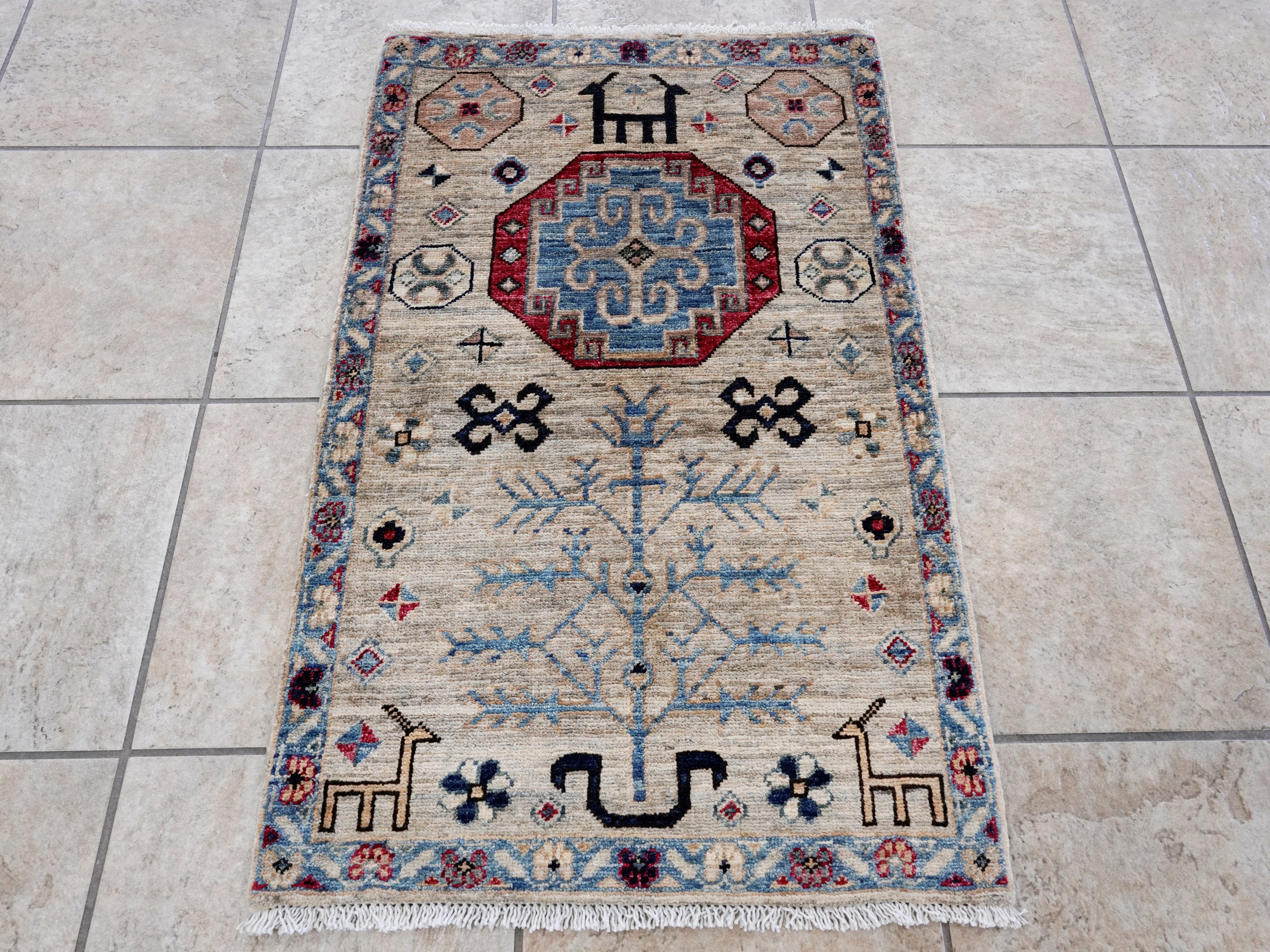 2x3 Ft Neutral Afghan Rug - Hand Knotted Tribal Rug