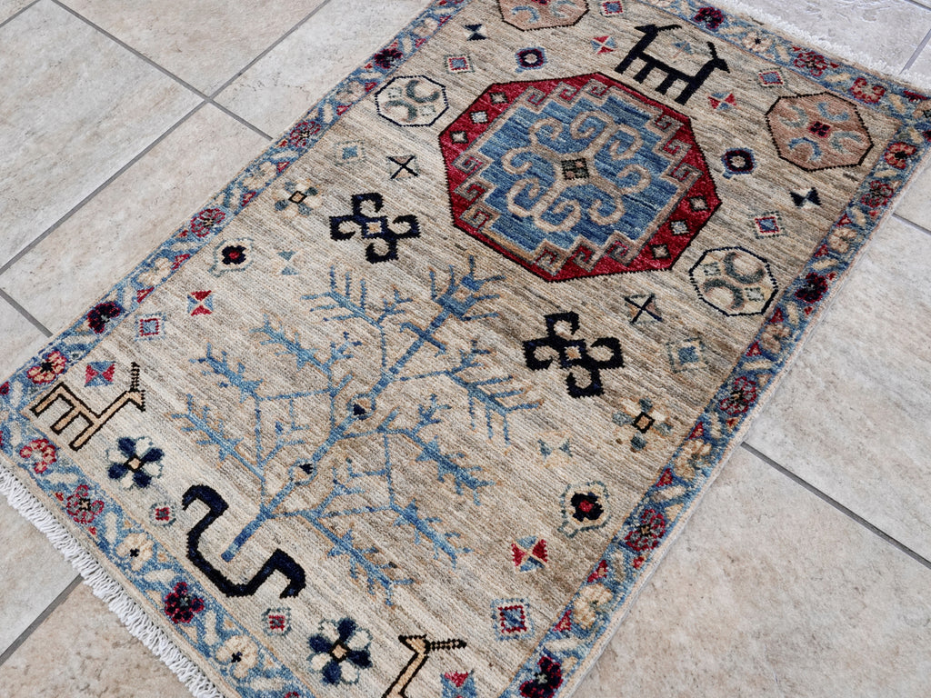 2x3 Ft Neutral Afghan Rug - Hand Knotted Tribal Rug