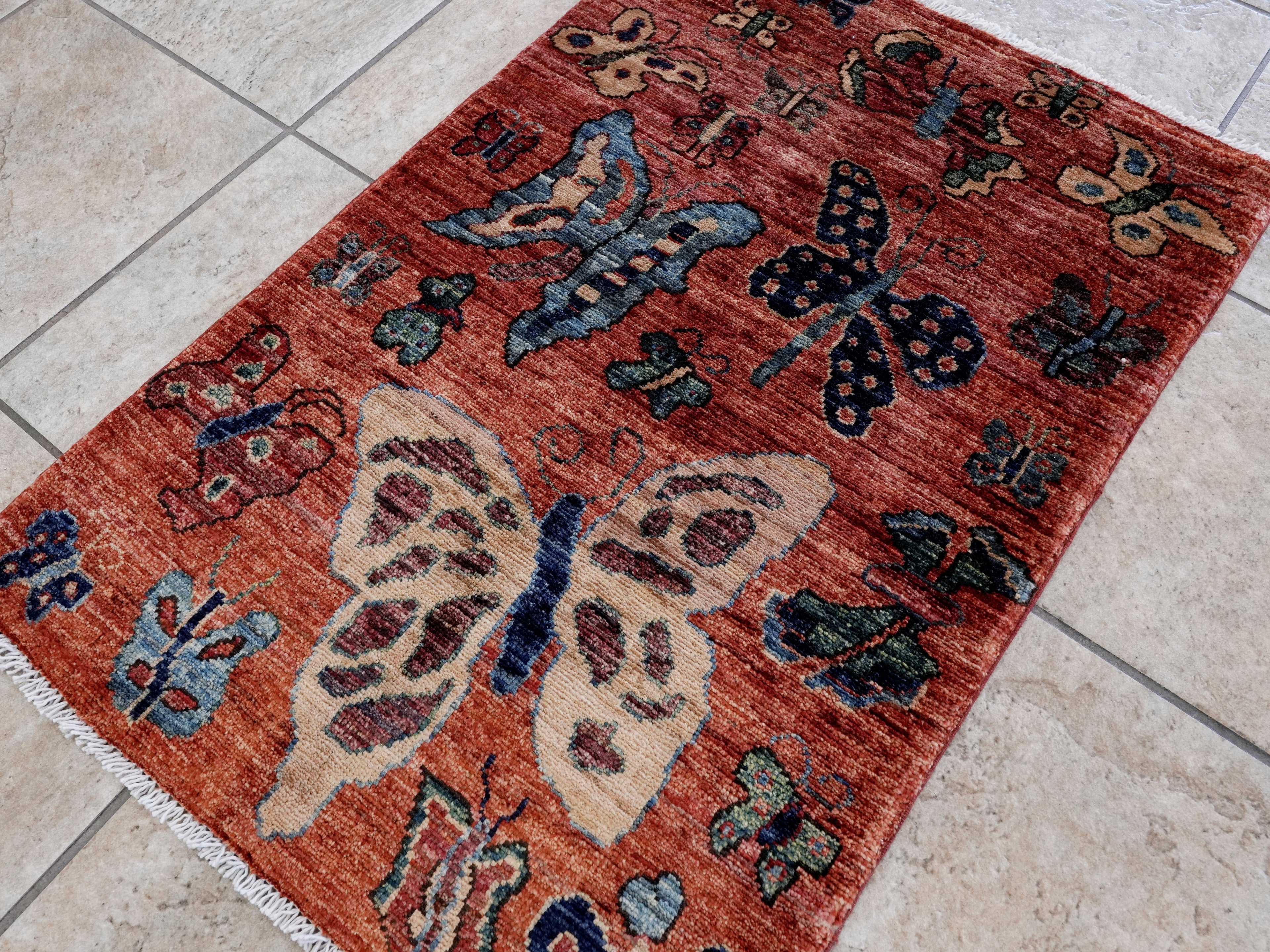 2x3 Ft Red Butterfly Rug - Hand Knotted Afghan Rug