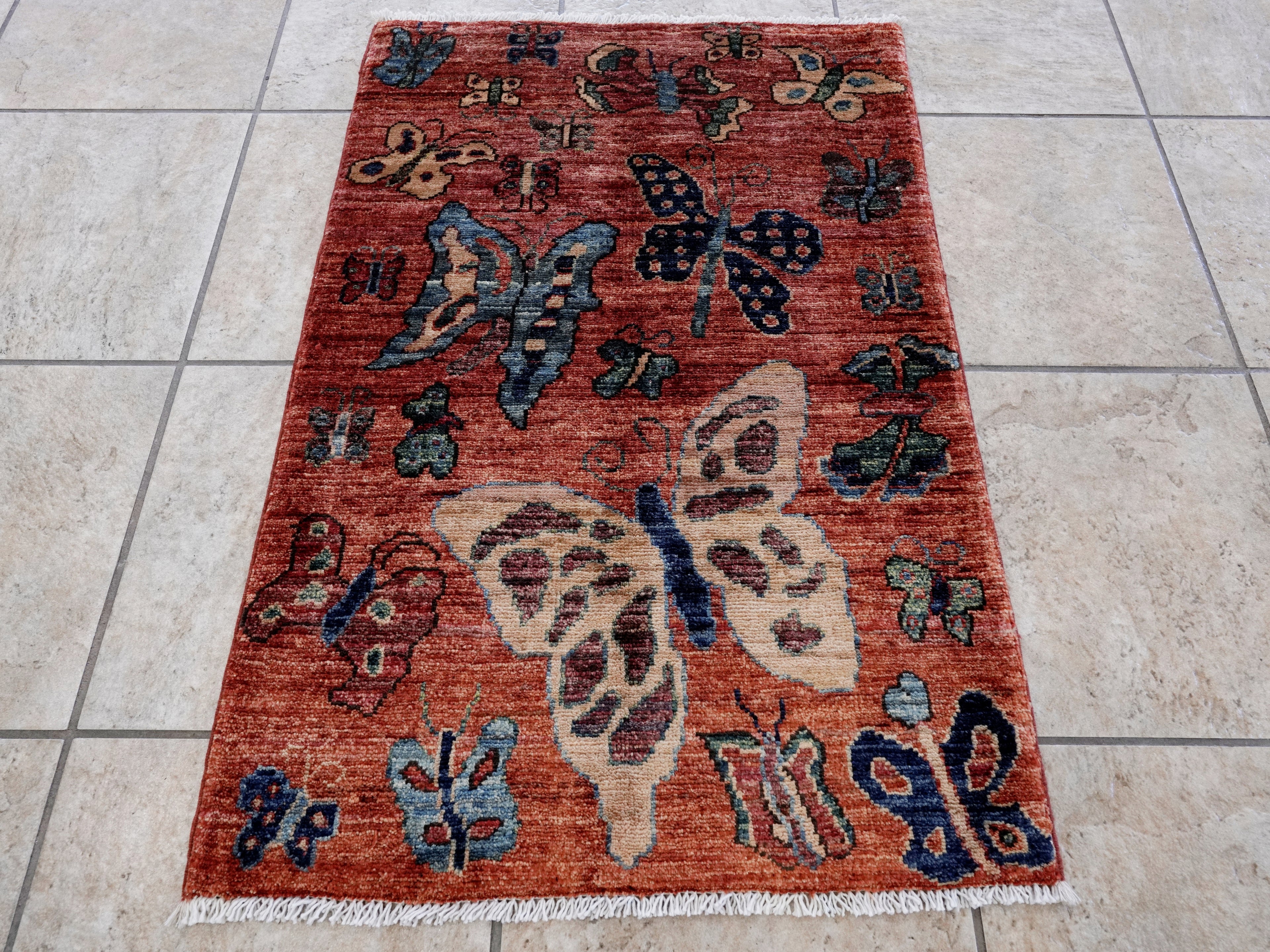 2x3 Ft Red Butterfly Rug - Hand Knotted Afghan Rug