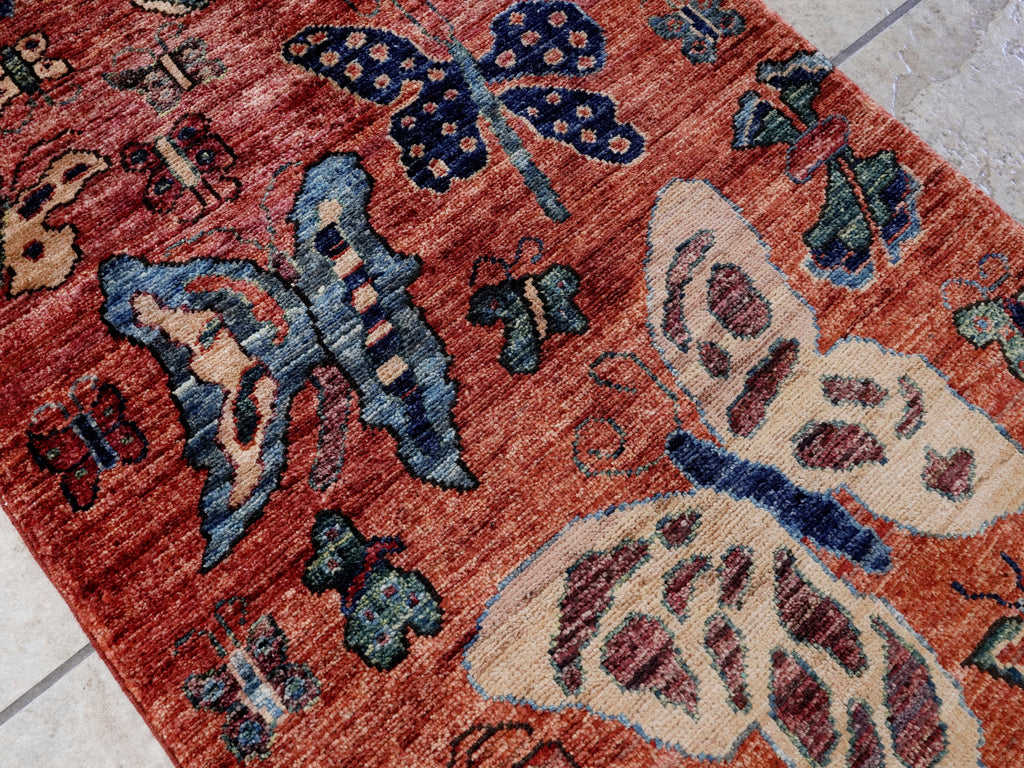 2x3 Ft Red Butterfly Rug - Hand Knotted Afghan Rug