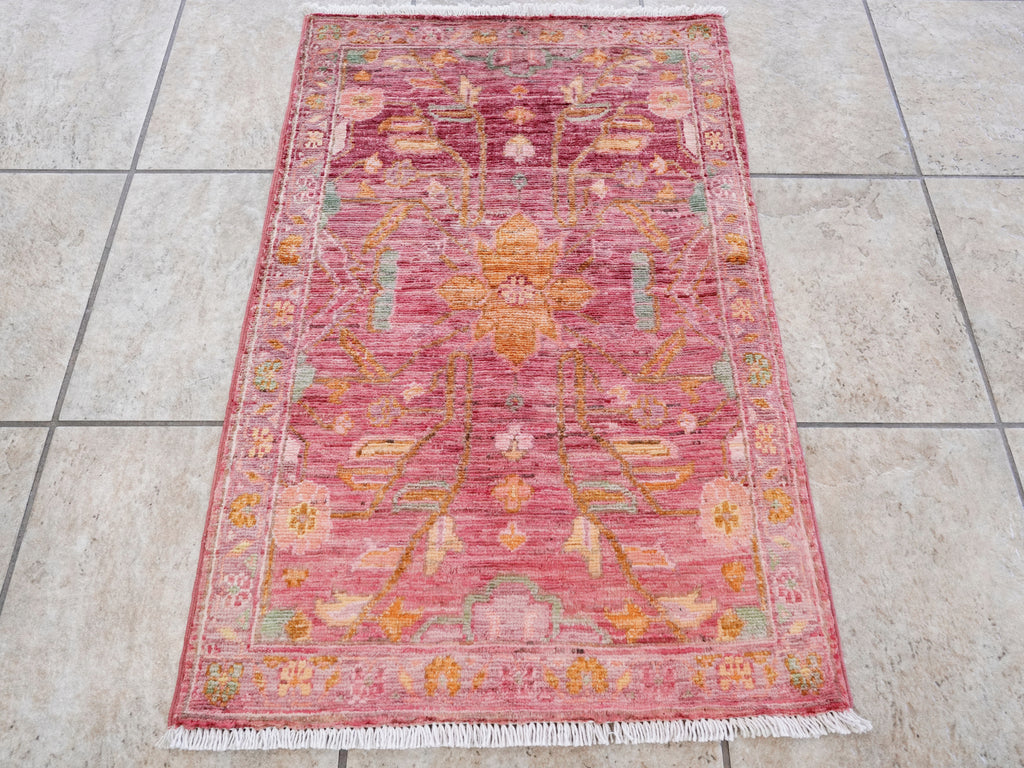 2x3 Ft Pink Floral Rug - Hand Knotted Afghan Wool Rug