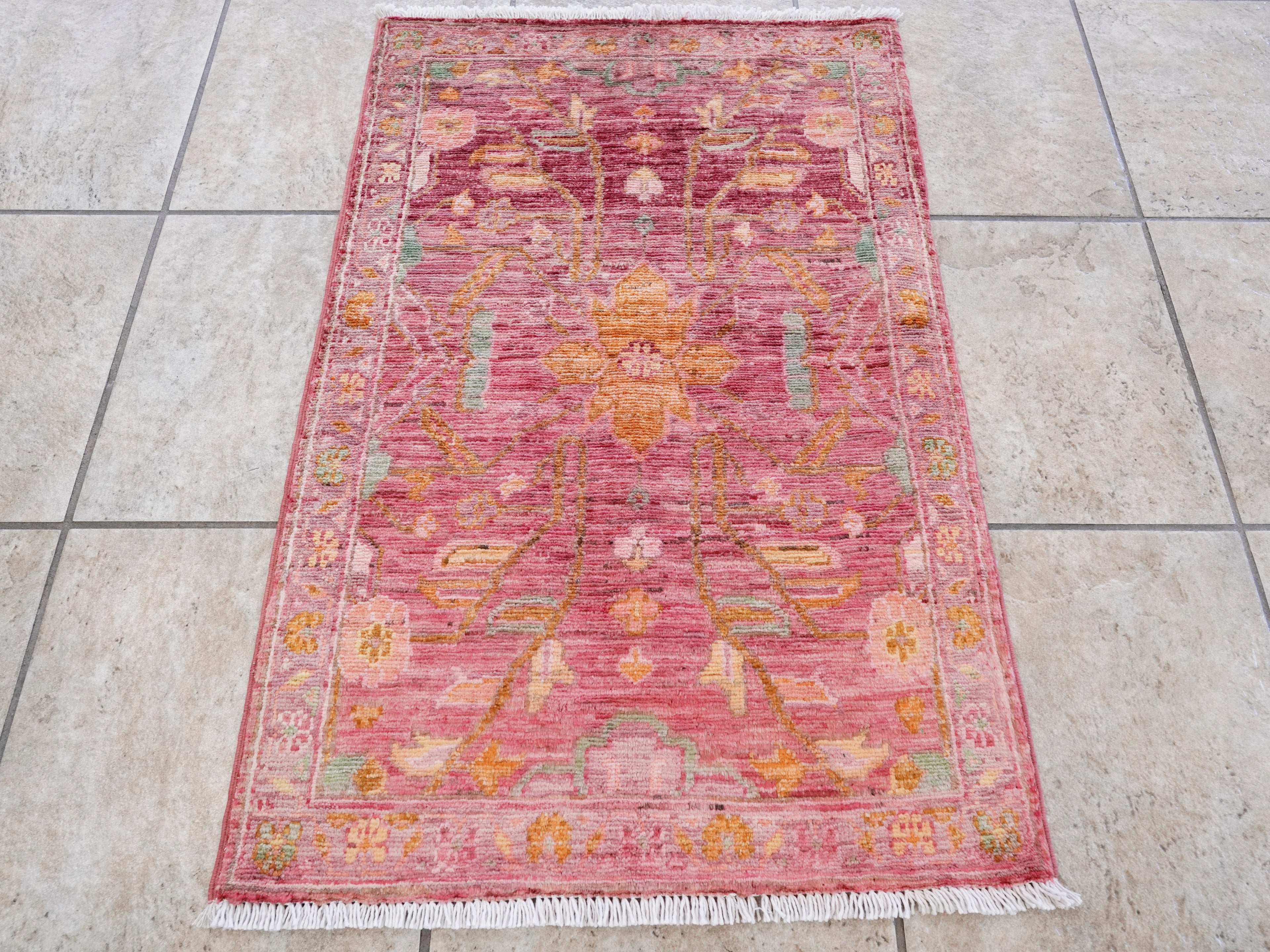 2x3 Ft Pink Floral Rug - Hand Knotted Afghan Wool Rug