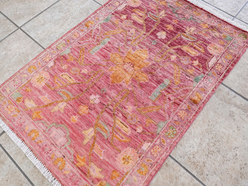 2x3 Ft Pink Floral Rug - Hand Knotted Afghan Wool Rug