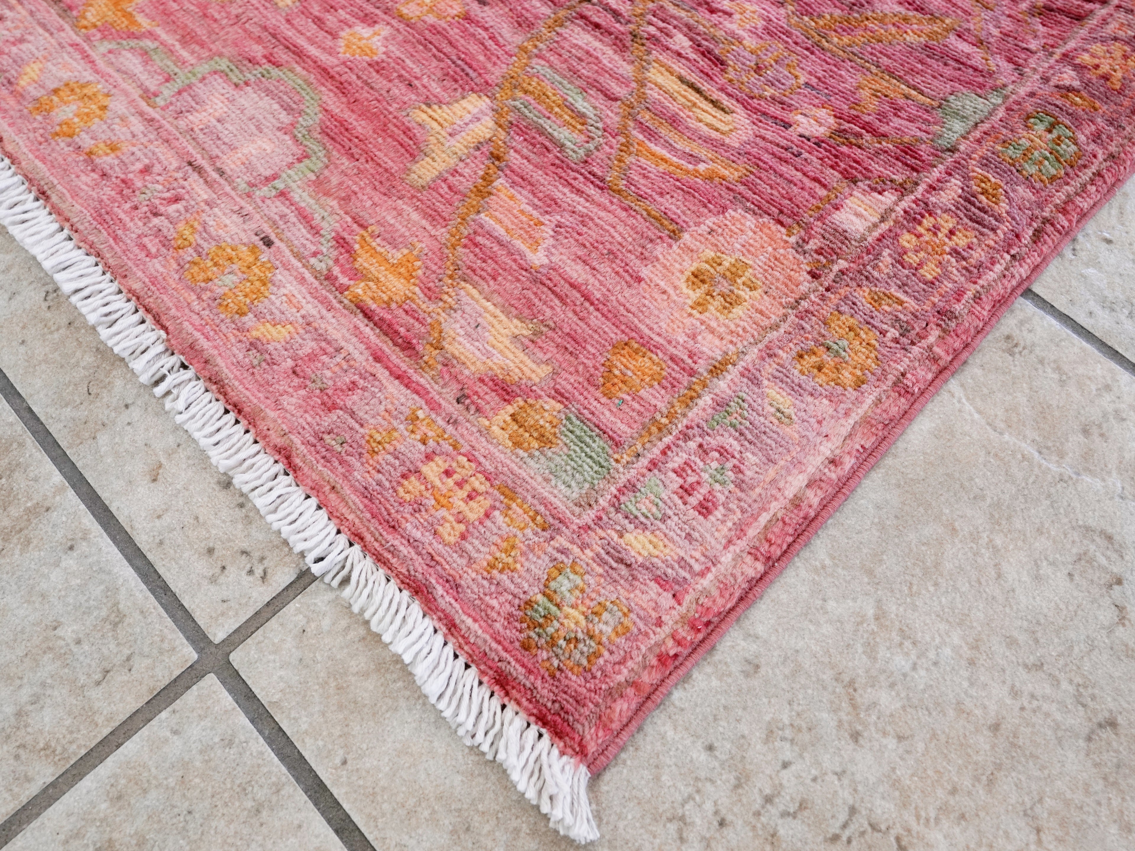 2x3 Ft Pink Floral Rug - Hand Knotted Afghan Wool Rug