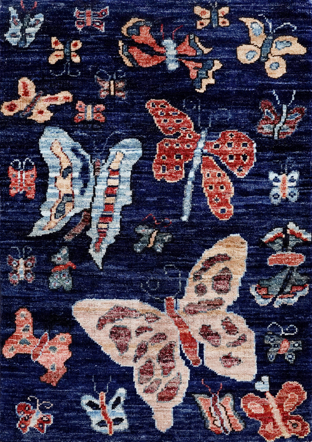 2x3 Ft Dark Blue Butterfly Rug - Hand Knotted Afghan Rug