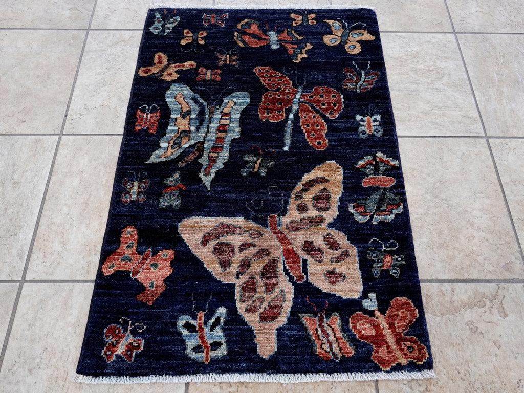 2x3 Ft Dark Blue Butterfly Rug - Hand Knotted Afghan Rug