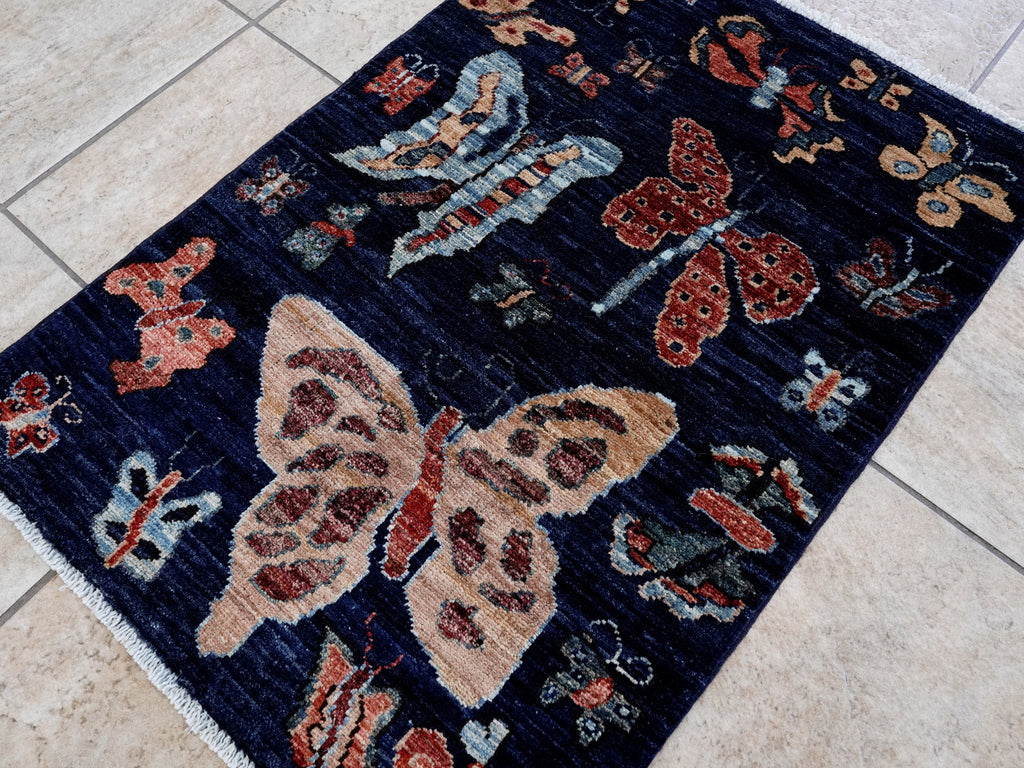 2x3 Ft Dark Blue Butterfly Rug - Hand Knotted Afghan Rug