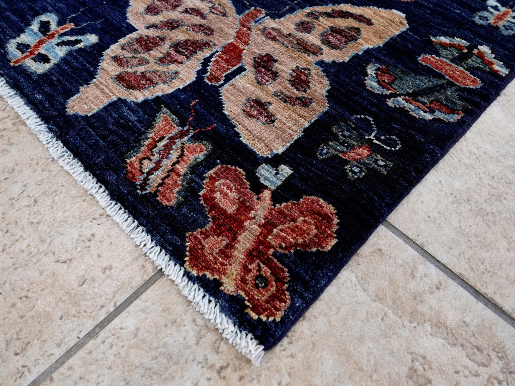2x3 Ft Dark Blue Butterfly Rug - Hand Knotted Afghan Rug