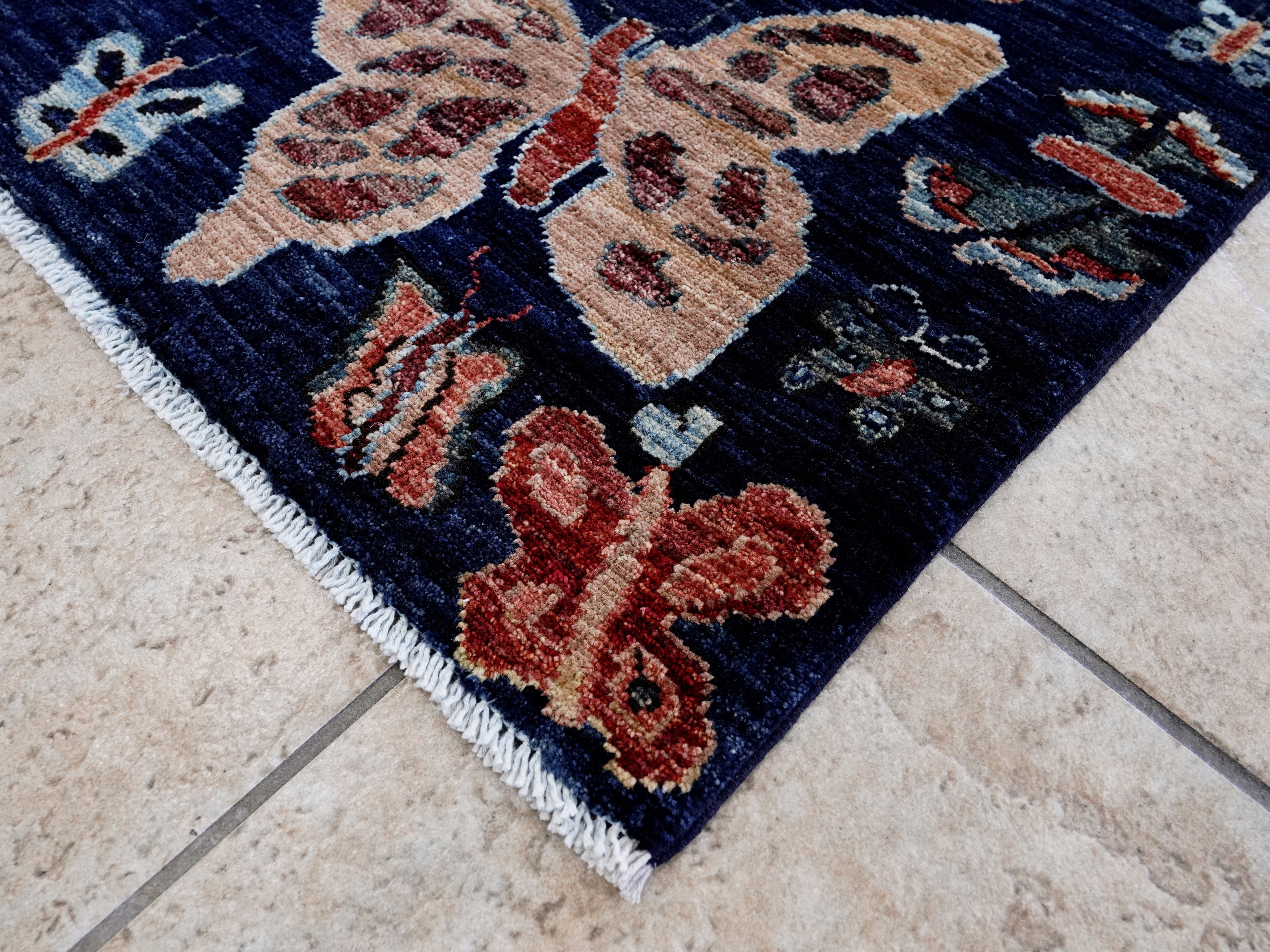 2x3 Ft Dark Blue Butterfly Rug - Hand Knotted Afghan Rug