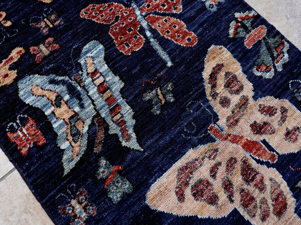 2x3 Ft Dark Blue Butterfly Rug - Hand Knotted Afghan Rug