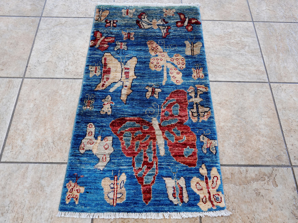 2x3 Ft Blue Butterfly Rug - Hand Knotted Afghan Rug