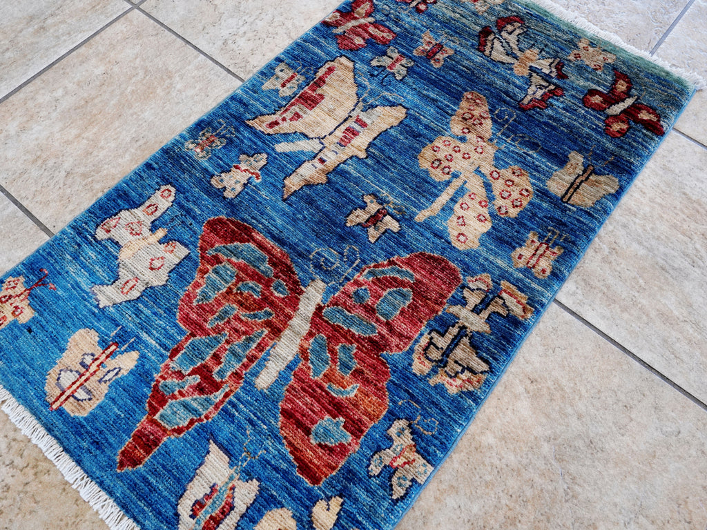 2x3 Ft Blue Butterfly Rug - Hand Knotted Afghan Rug