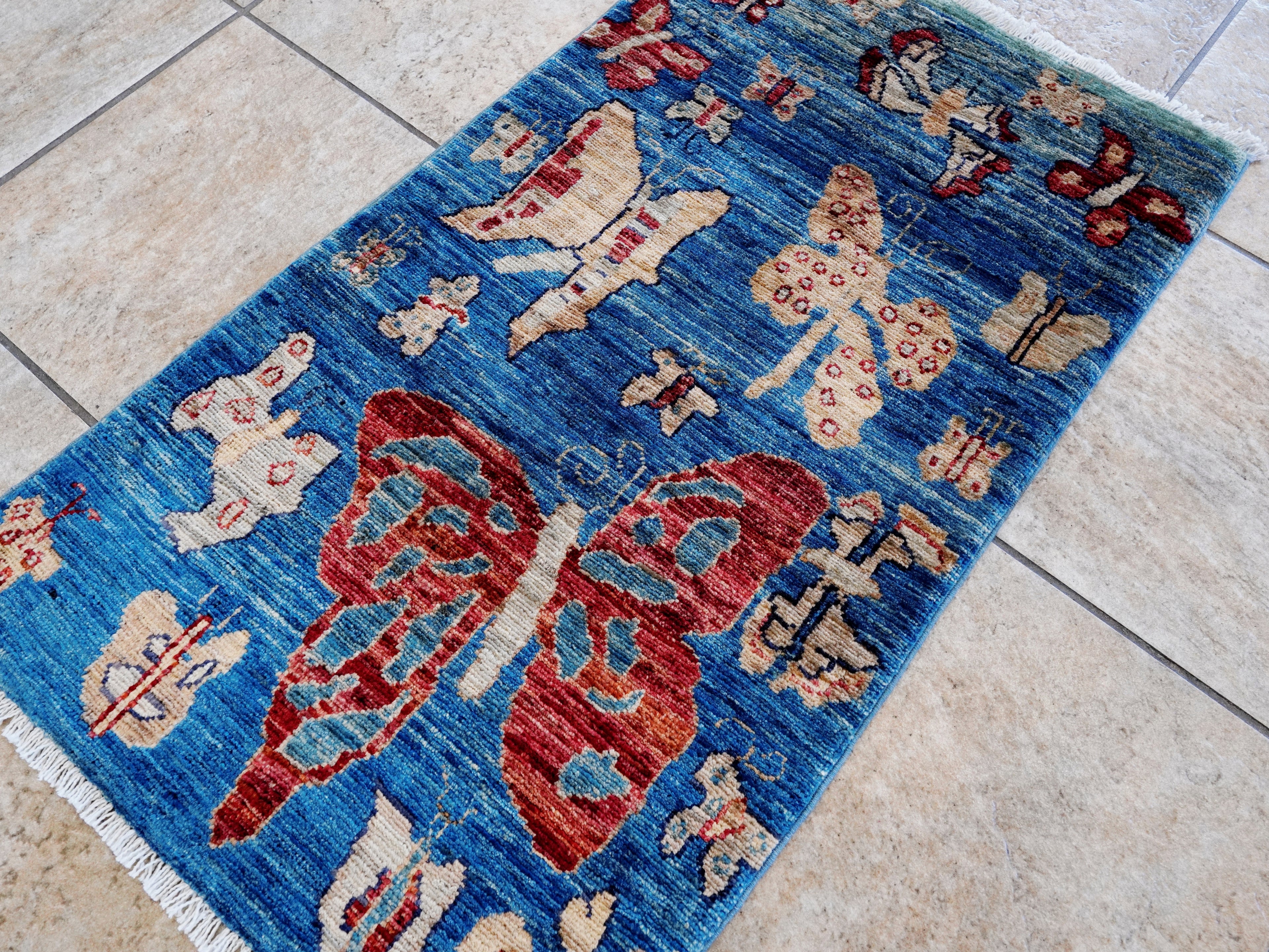 2x3 Ft Blue Butterfly Rug - Hand Knotted Afghan Rug