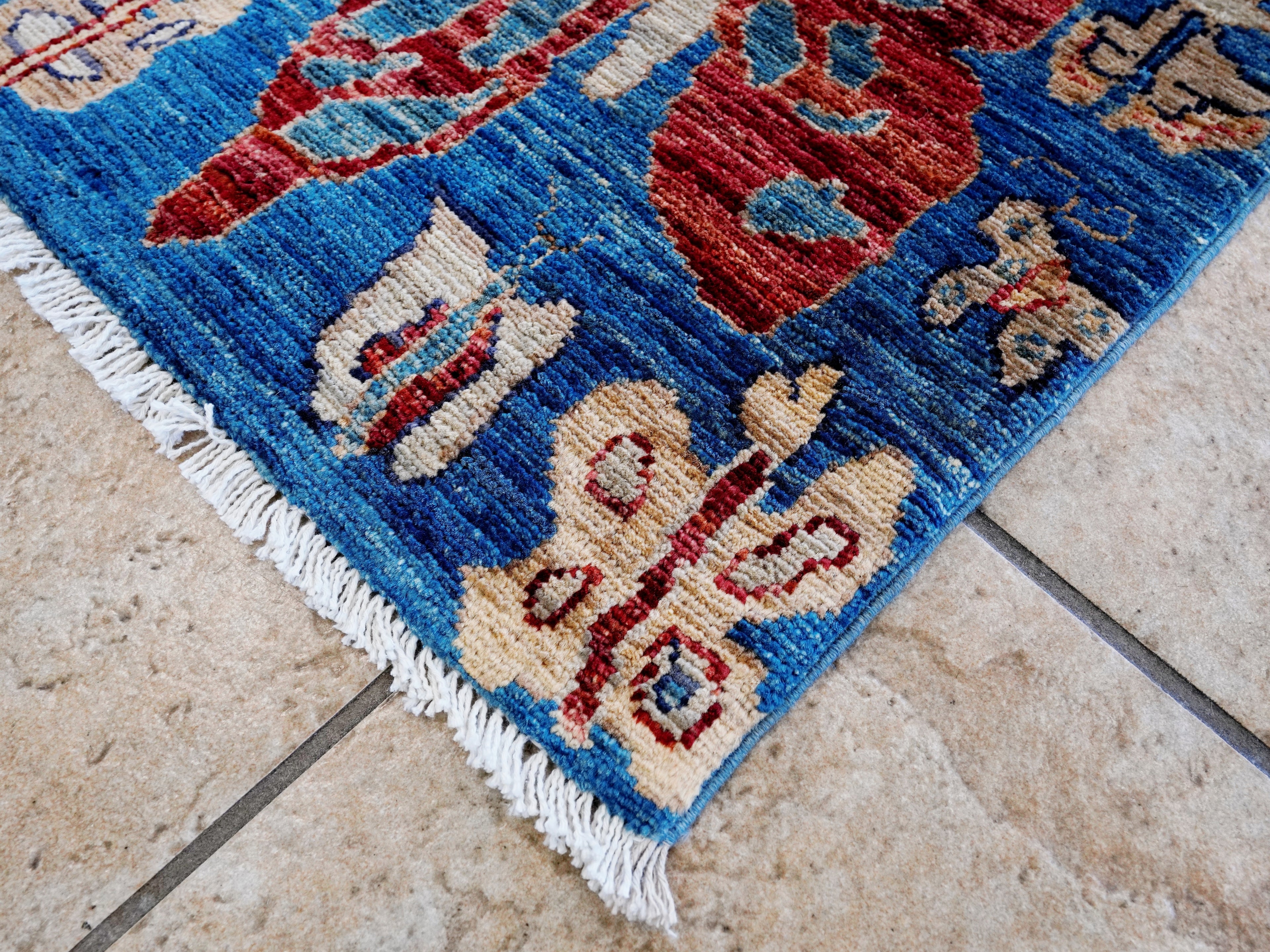 2x3 Ft Blue Butterfly Rug - Hand Knotted Afghan Rug