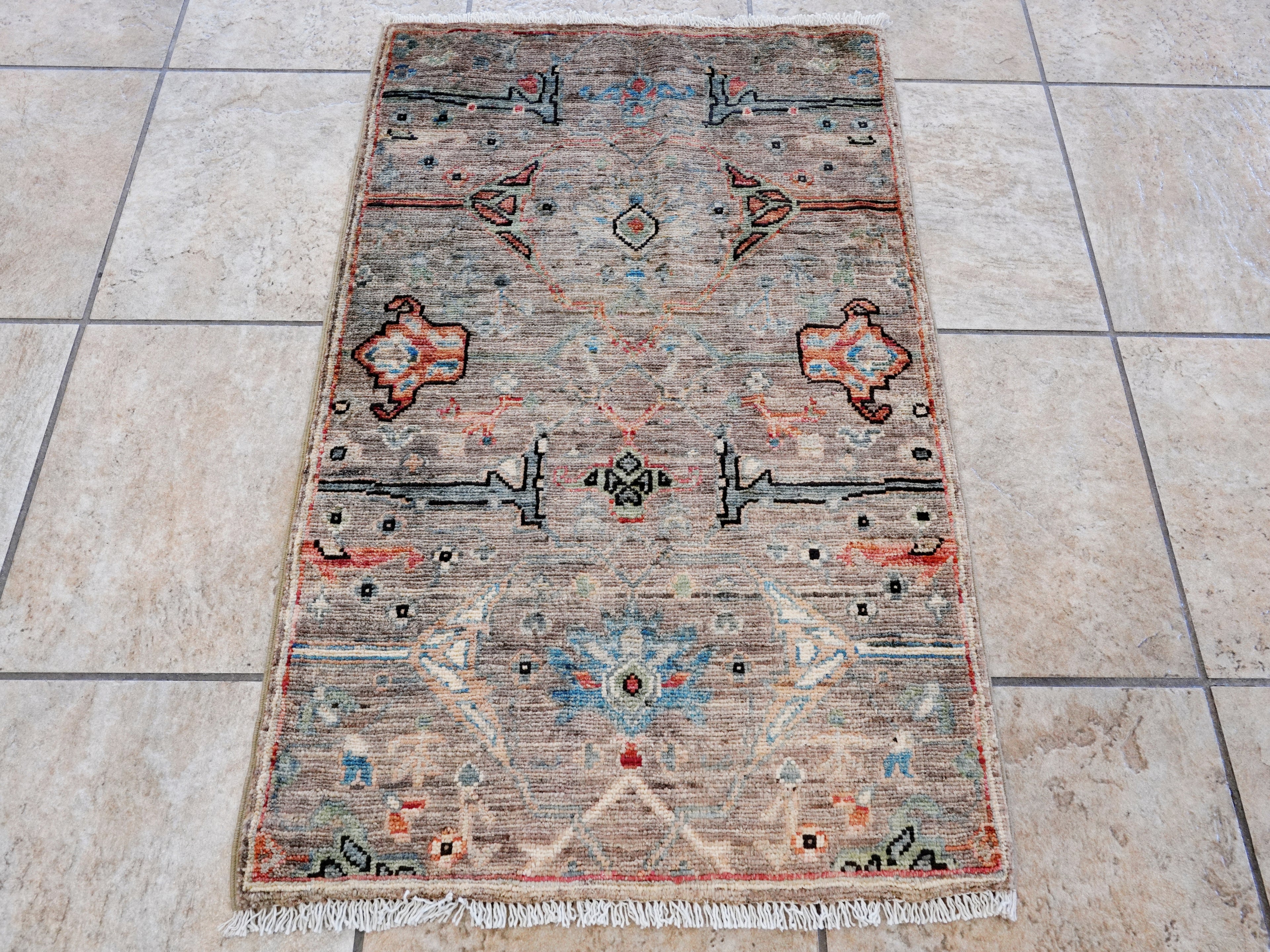 2x3 Ft Brown Afghan Oriental Rug - Hand Knotted Wool Rug