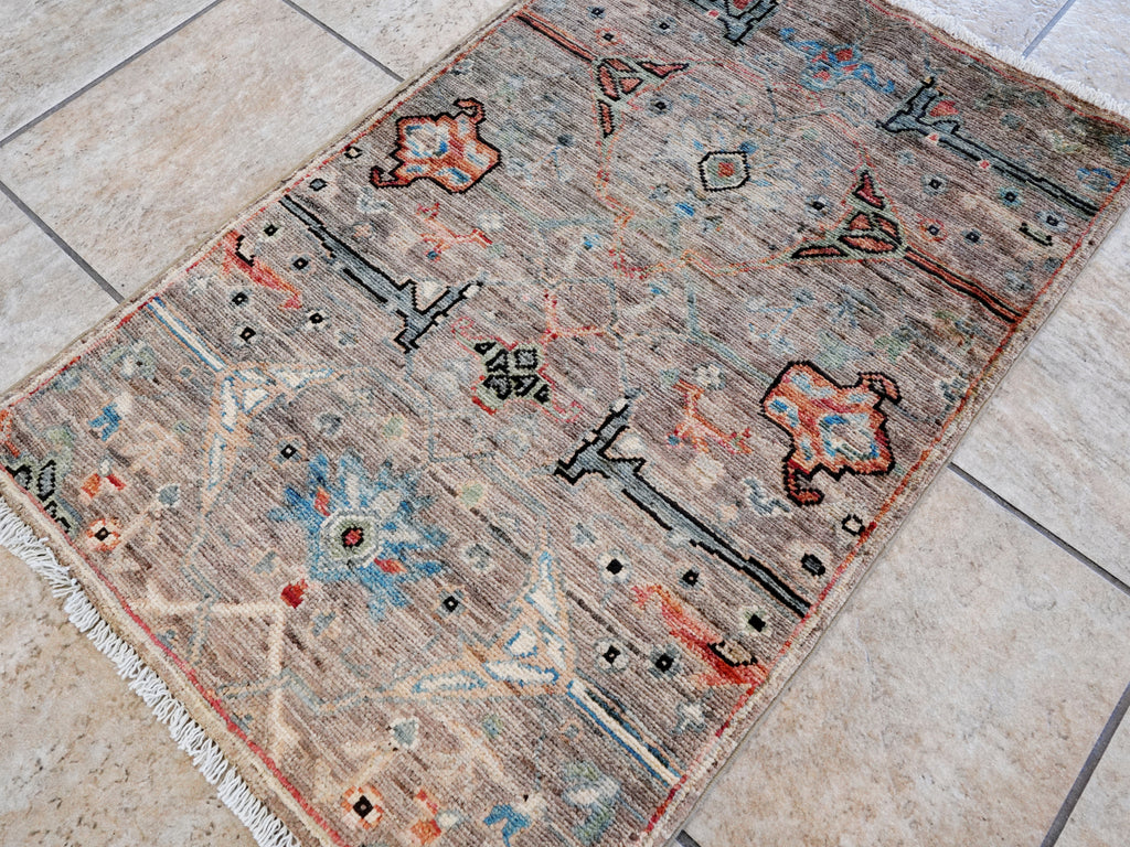2x3 Ft Brown Afghan Oriental Rug - Hand Knotted Wool Rug
