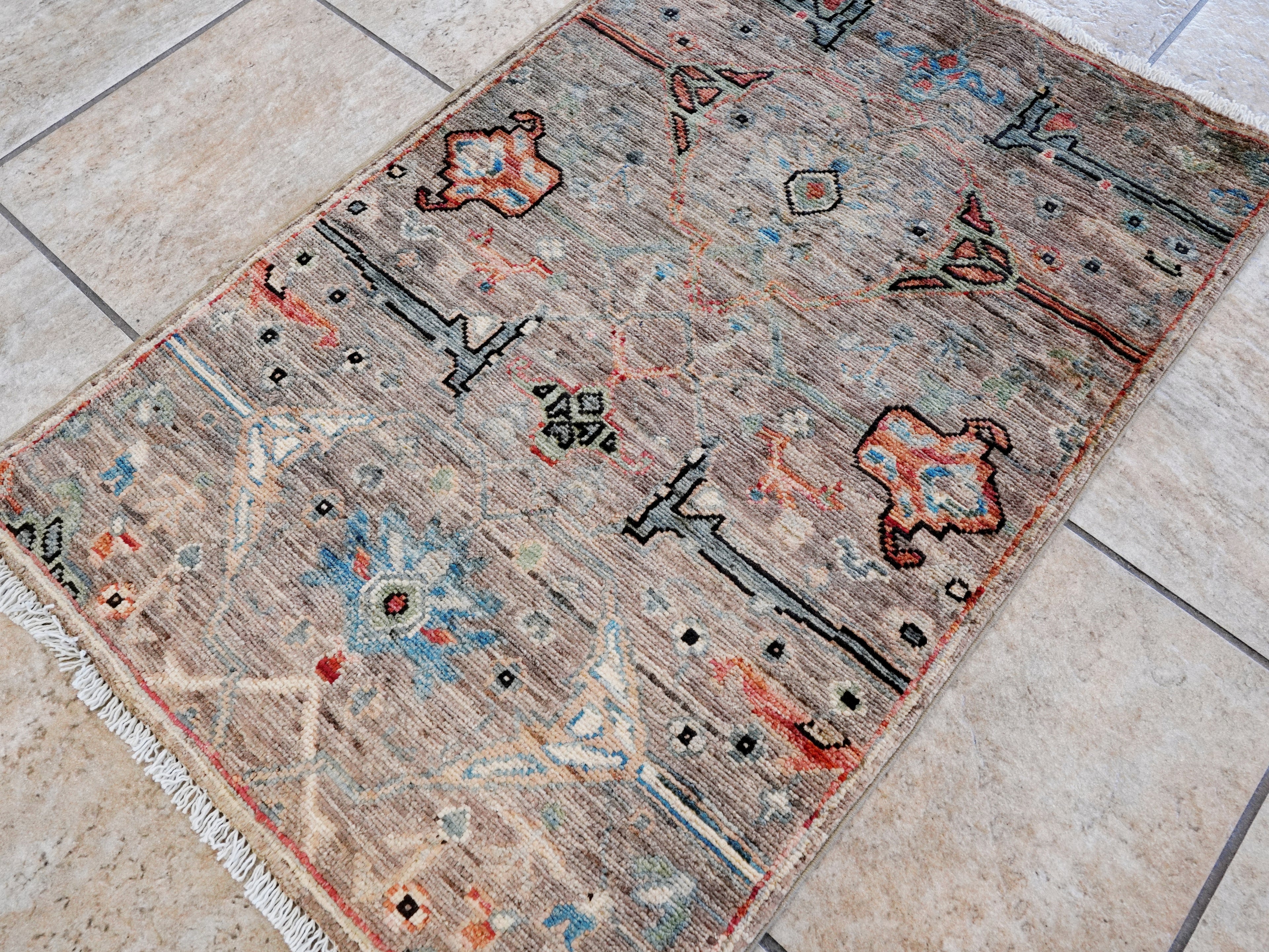 2x3 Ft Brown Afghan Oriental Rug - Hand Knotted Wool Rug