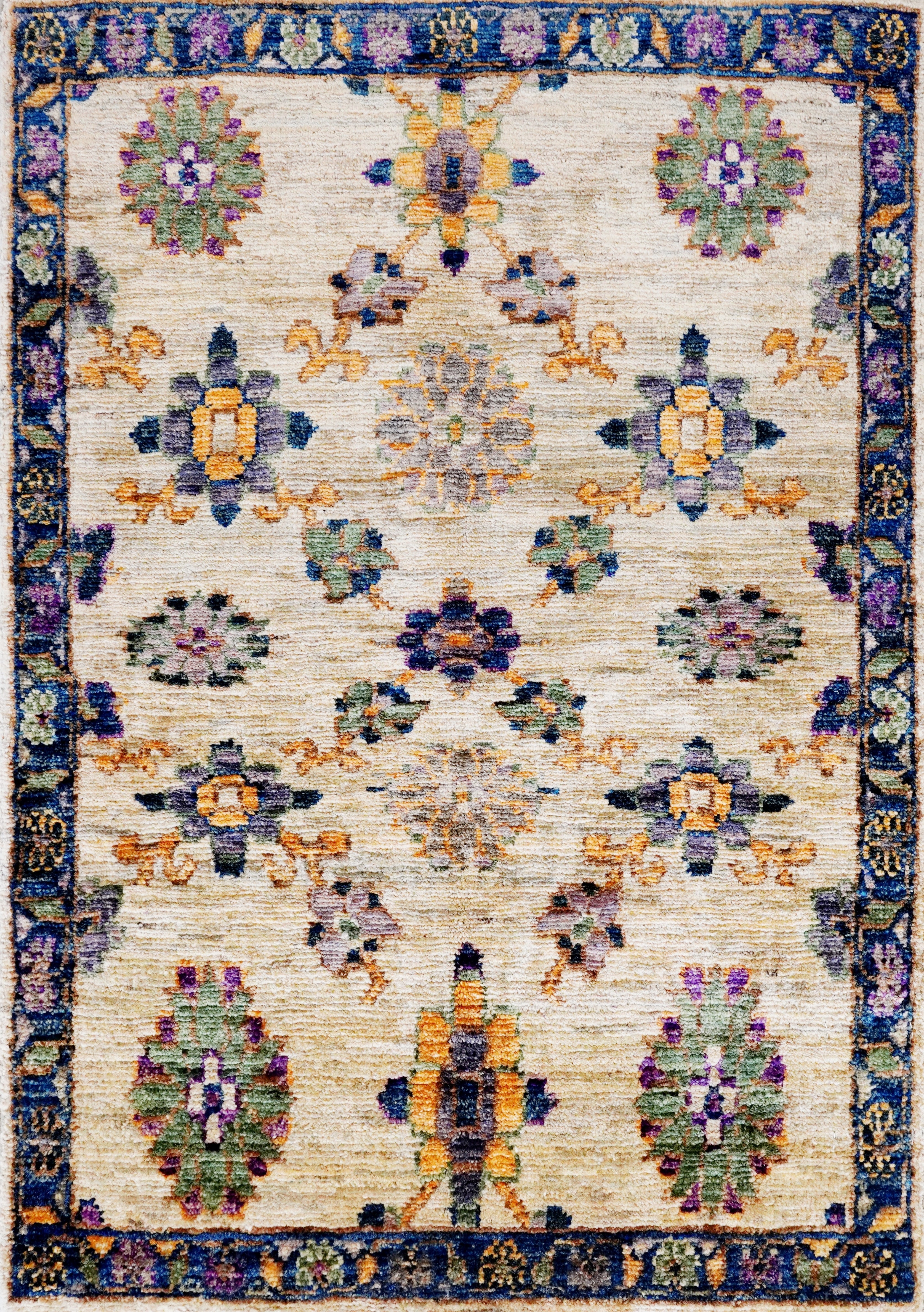 2x3 Ft Beige Floral Rug - Hand Knotted Afghan Wool Rug