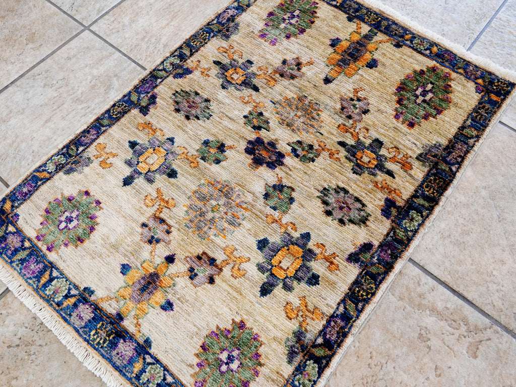 2x3 Ft Beige Floral Rug - Hand Knotted Afghan Wool Rug