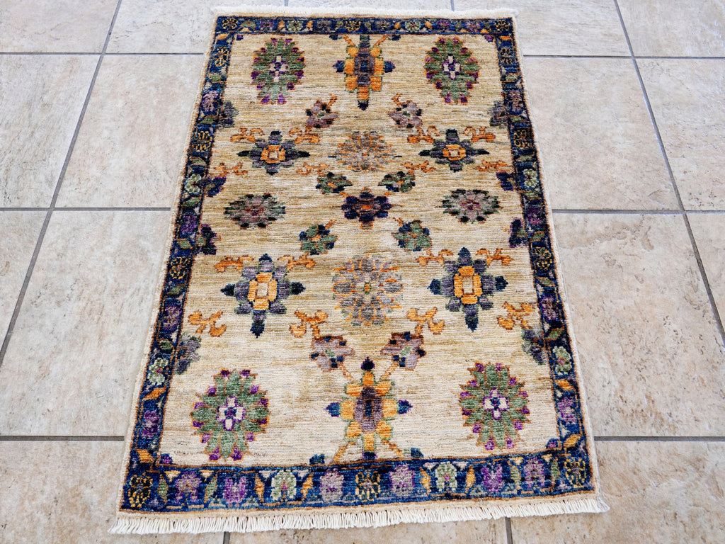 2x3 Ft Beige Floral Rug - Hand Knotted Afghan Wool Rug