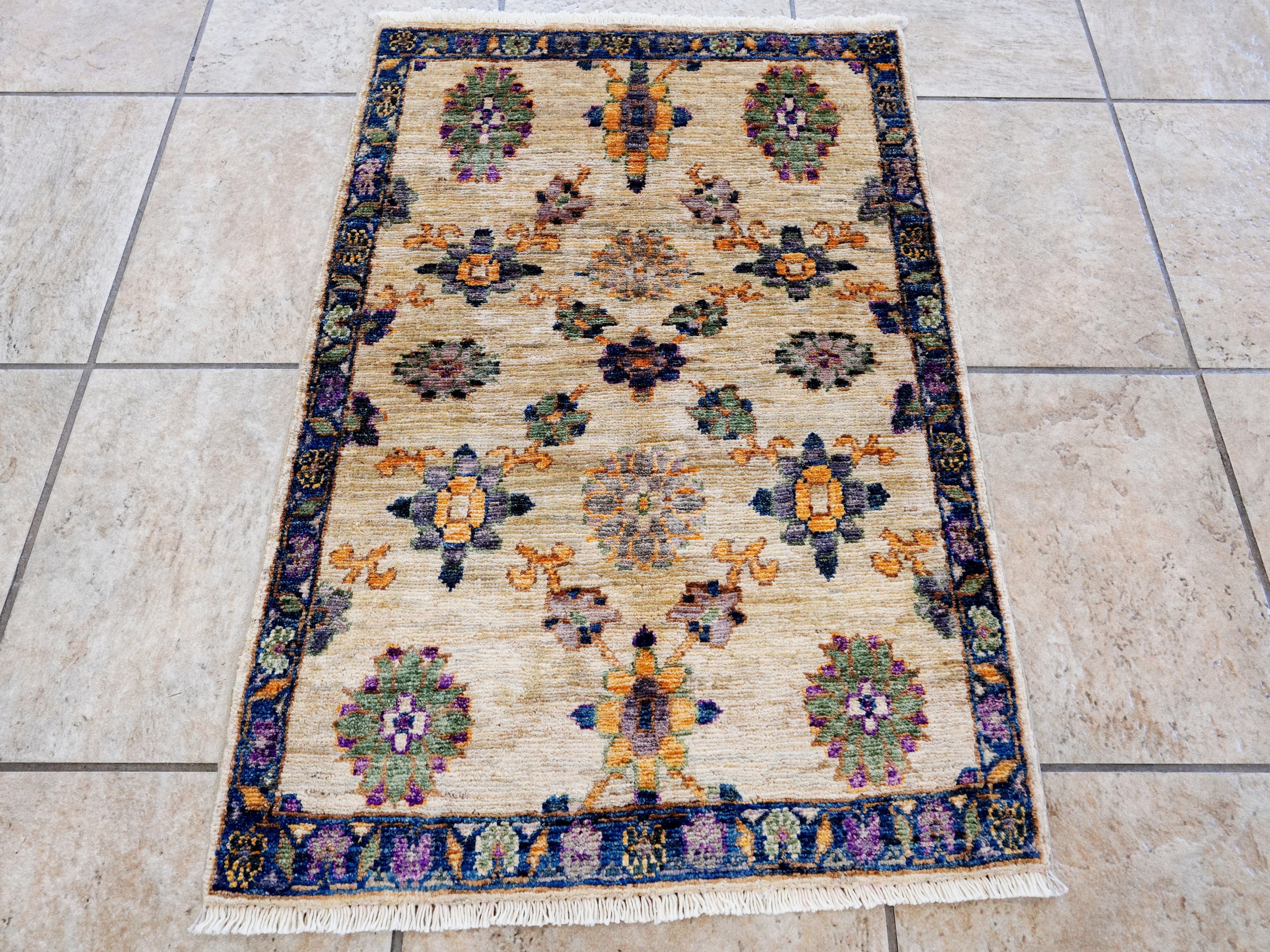 2x3 Ft Beige Floral Rug - Hand Knotted Afghan Wool Rug