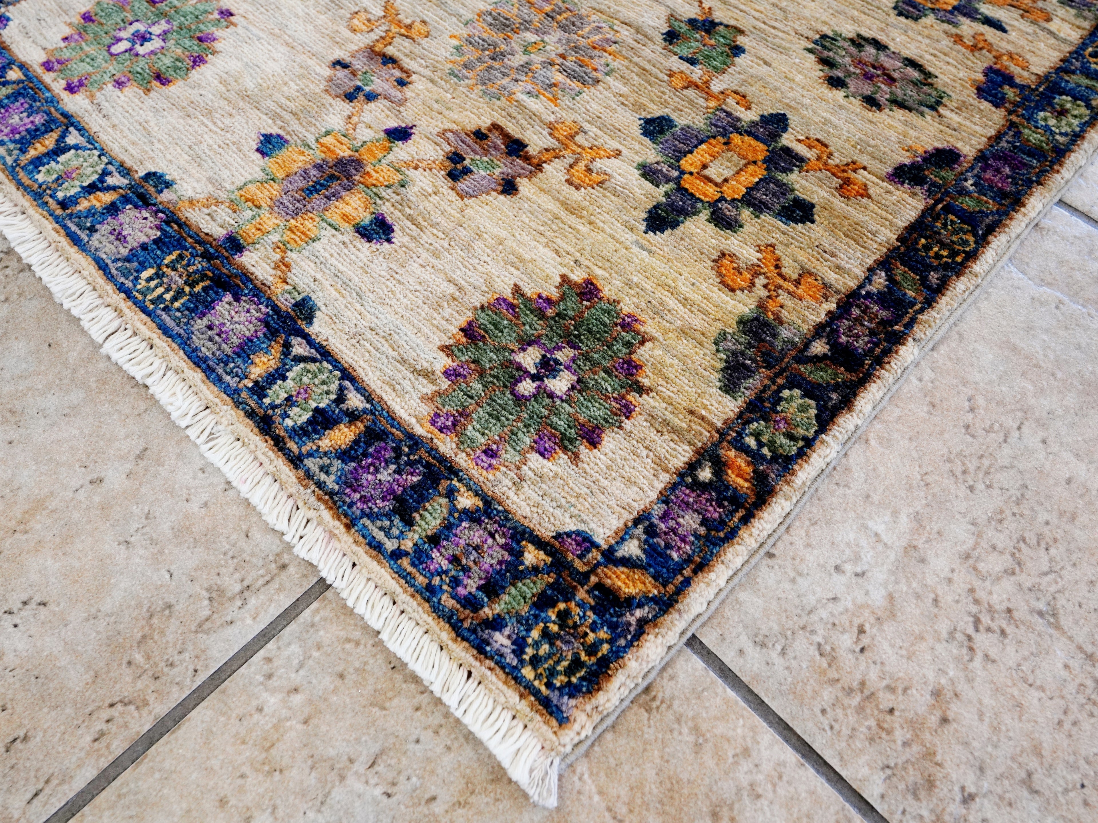 2x3 Ft Beige Floral Rug - Hand Knotted Afghan Wool Rug