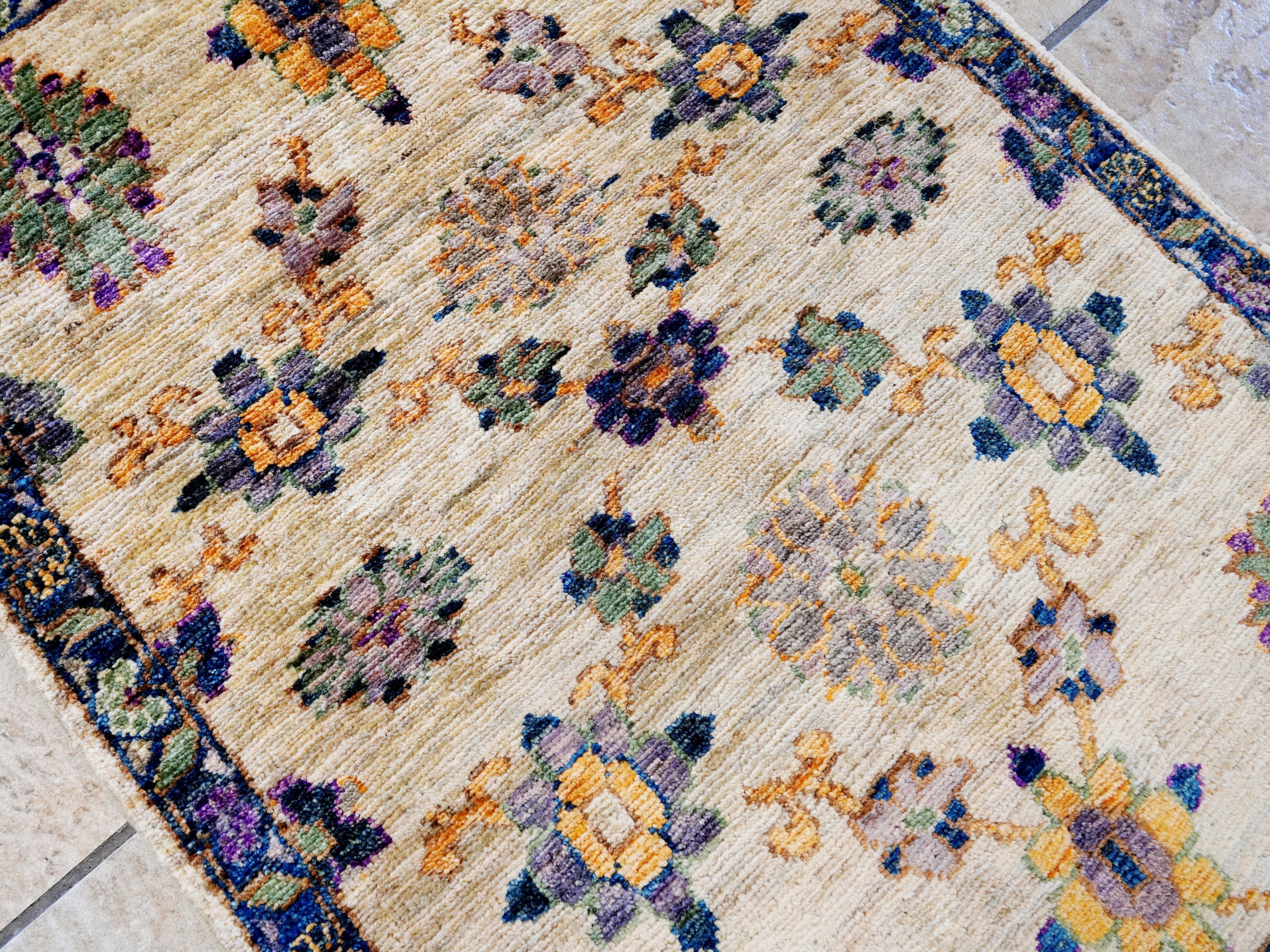 2x3 Ft Beige Floral Rug - Hand Knotted Afghan Wool Rug