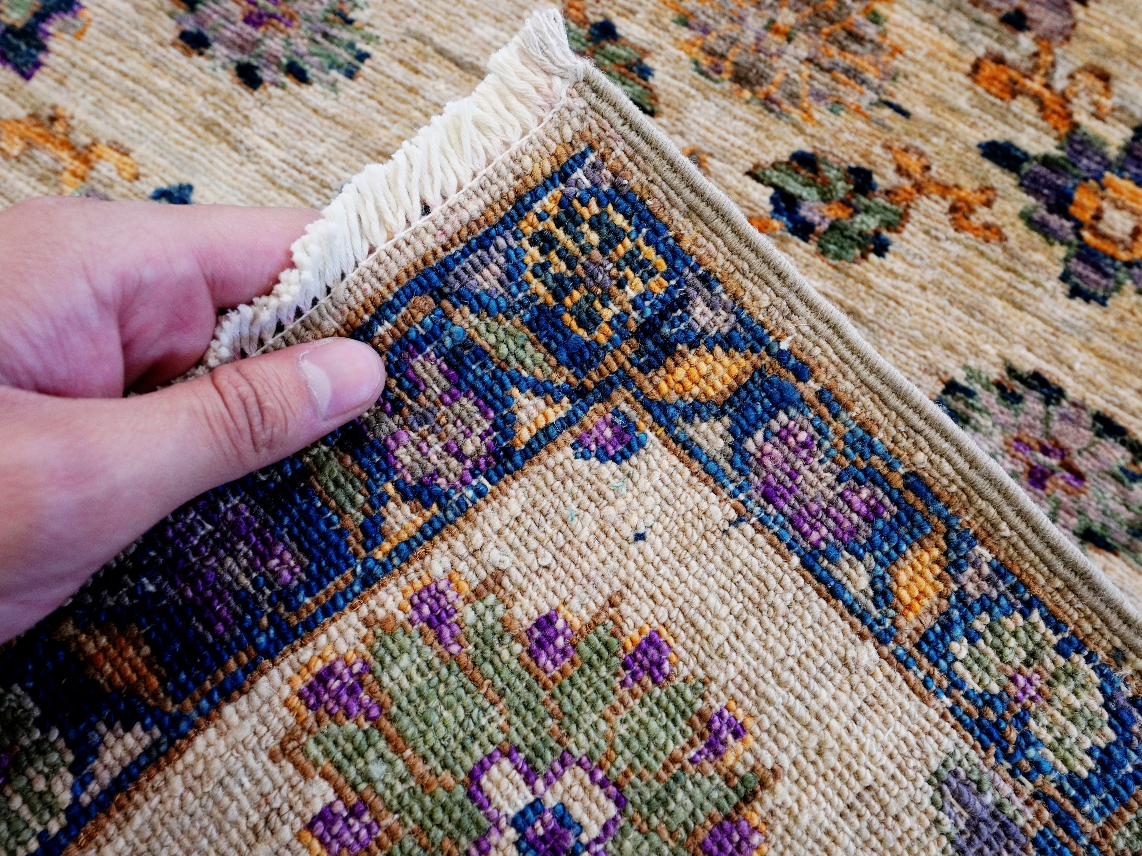 2x3 Ft Beige Floral Rug - Hand Knotted Afghan Wool Rug