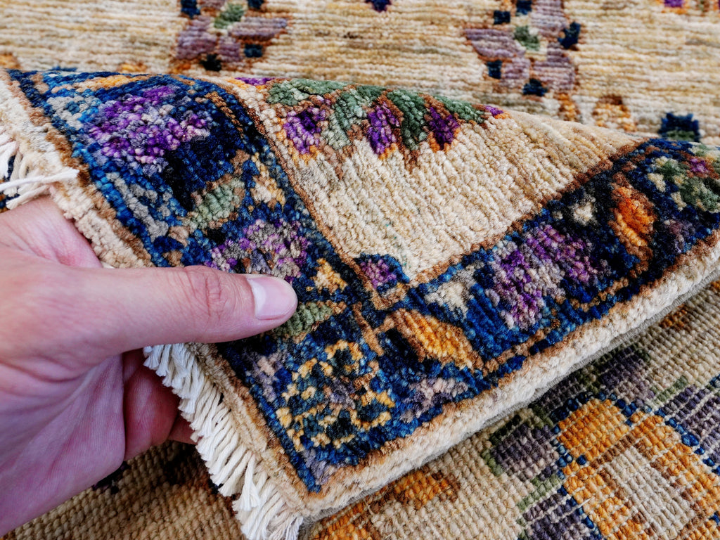 2x3 Ft Beige Floral Rug - Hand Knotted Afghan Wool Rug