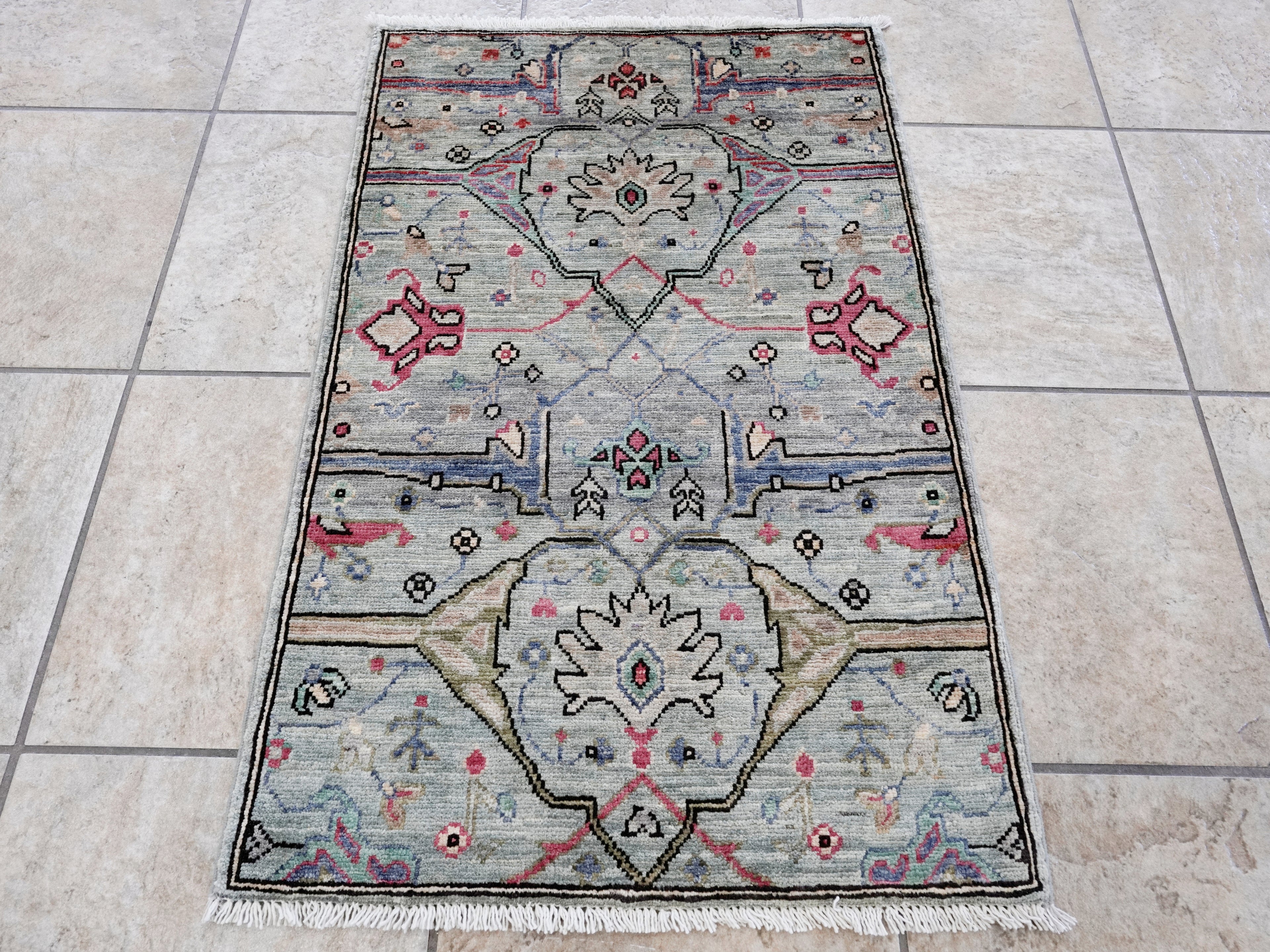 2x3 Ft Silver Oriental Rug - Hand Knotted Afghan Rug