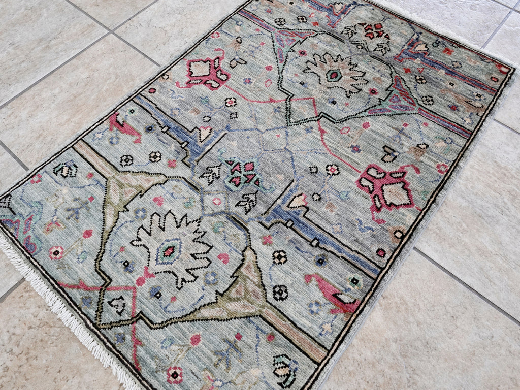 2x3 Ft Silver Oriental Rug - Hand Knotted Afghan Rug