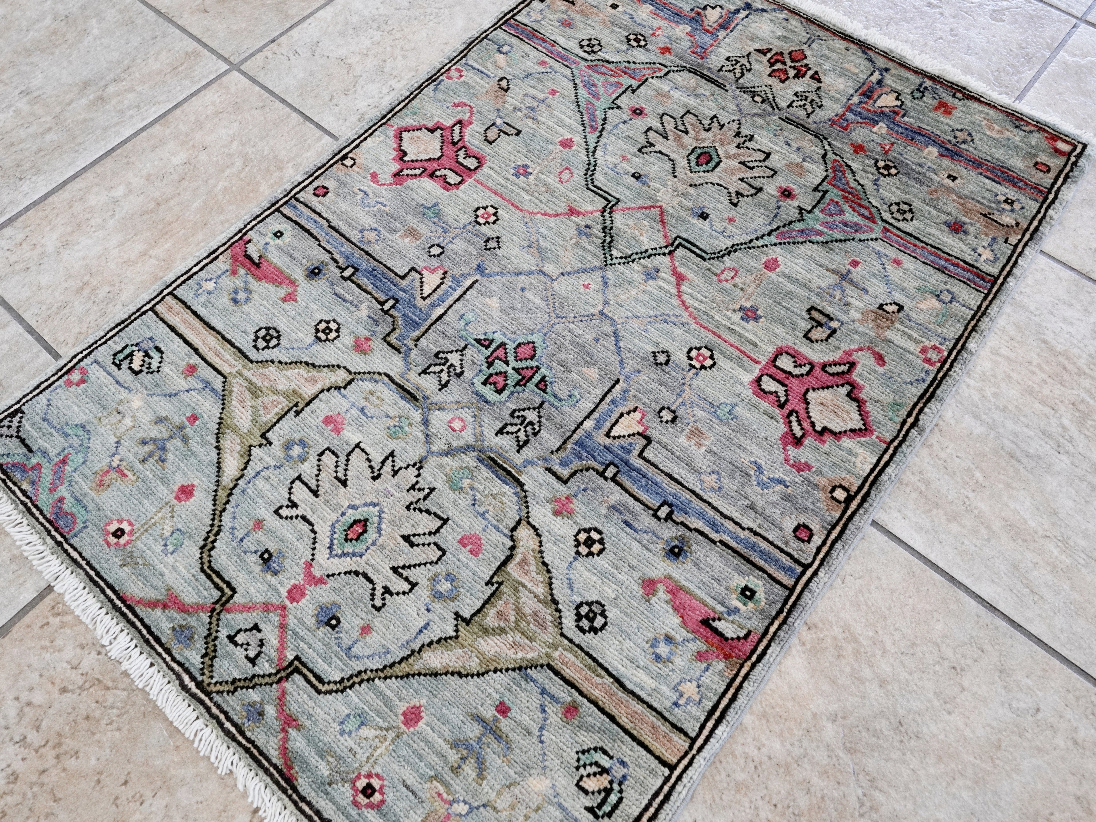 2x3 Ft Silver Oriental Rug - Hand Knotted Afghan Rug