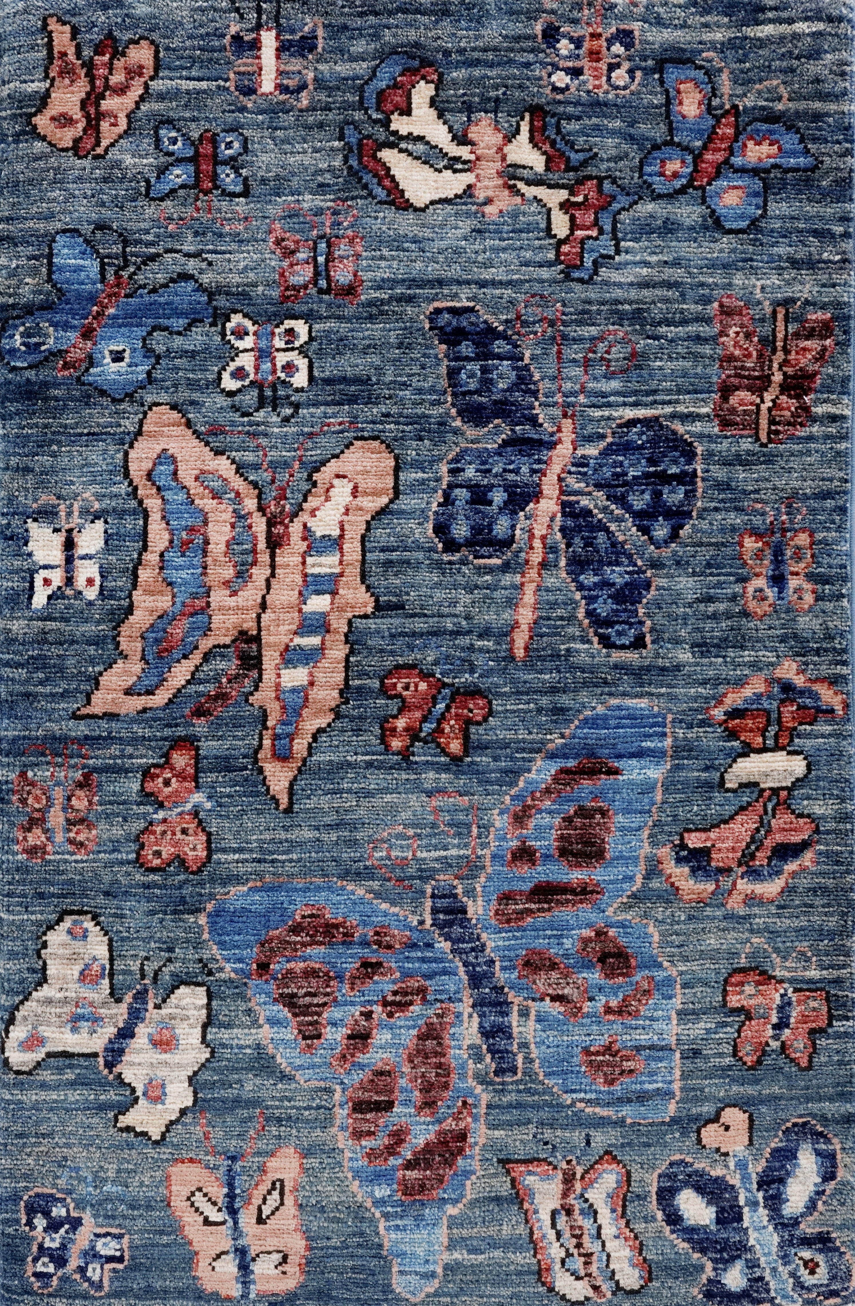 2x3 Ft Blue Butterfly Rug - Hand Knotted Afghan Rug