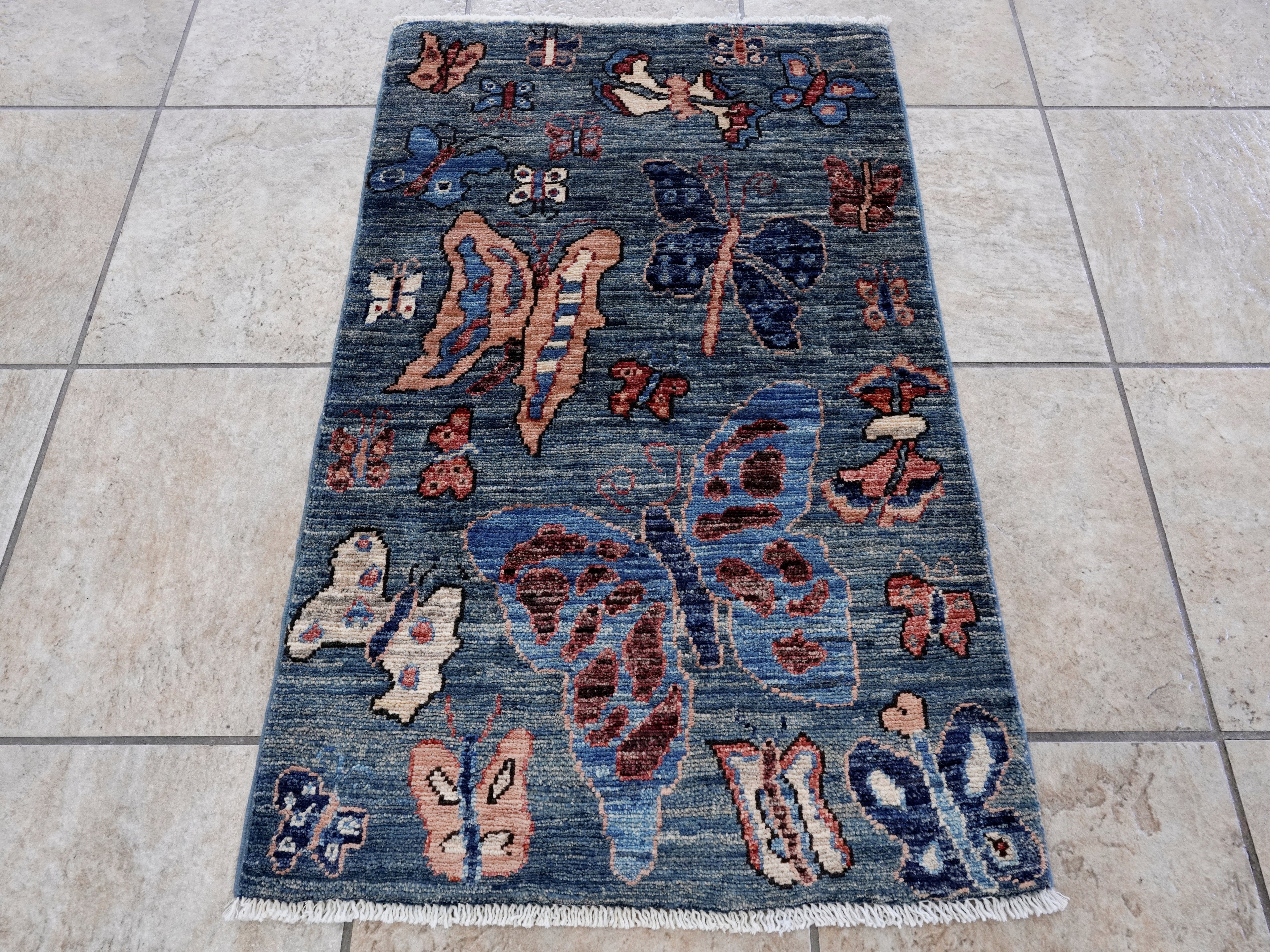 2x3 Ft Blue Butterfly Rug - Hand Knotted Afghan Rug