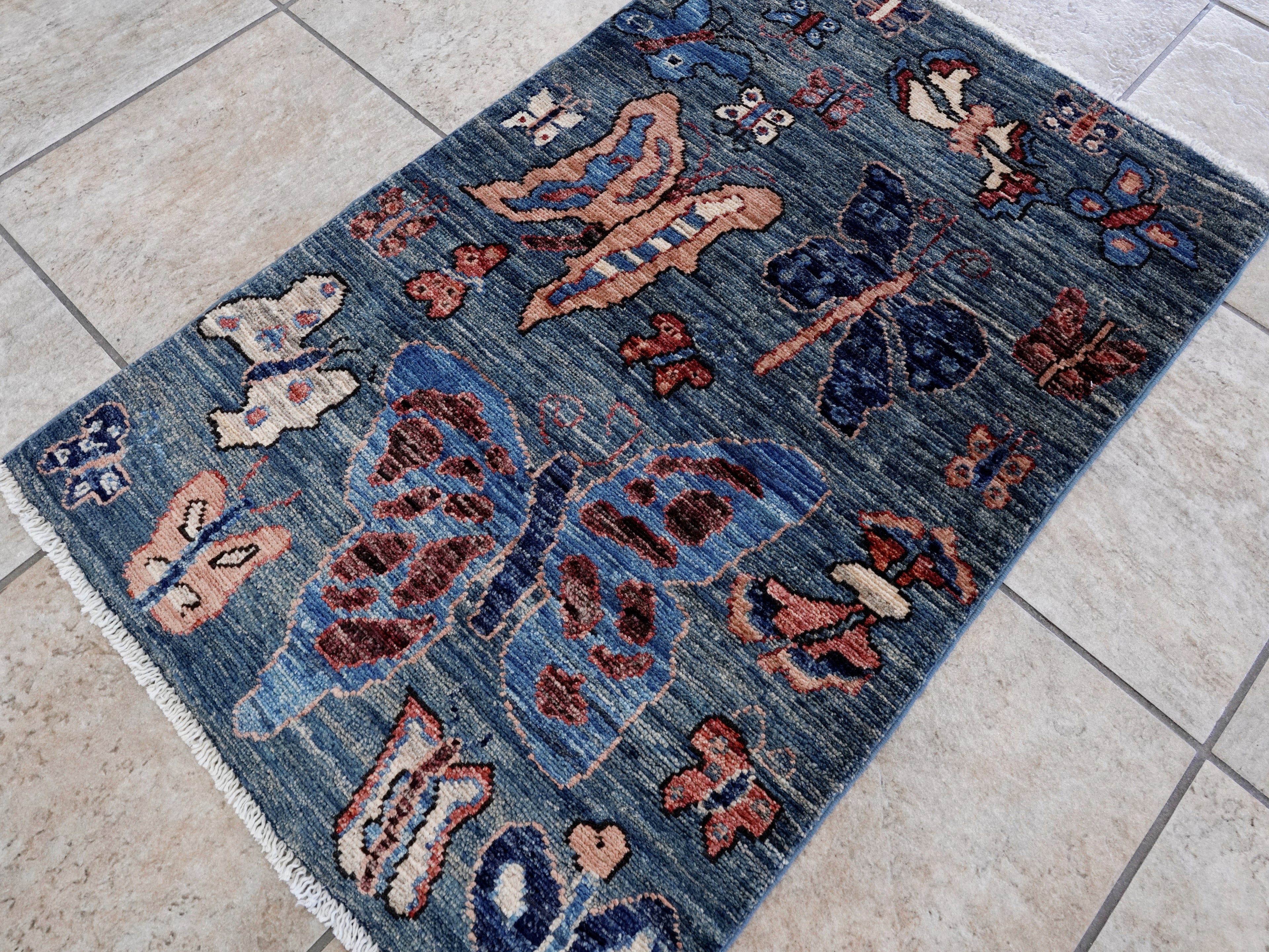 2x3 Ft Blue Butterfly Rug - Hand Knotted Afghan Rug
