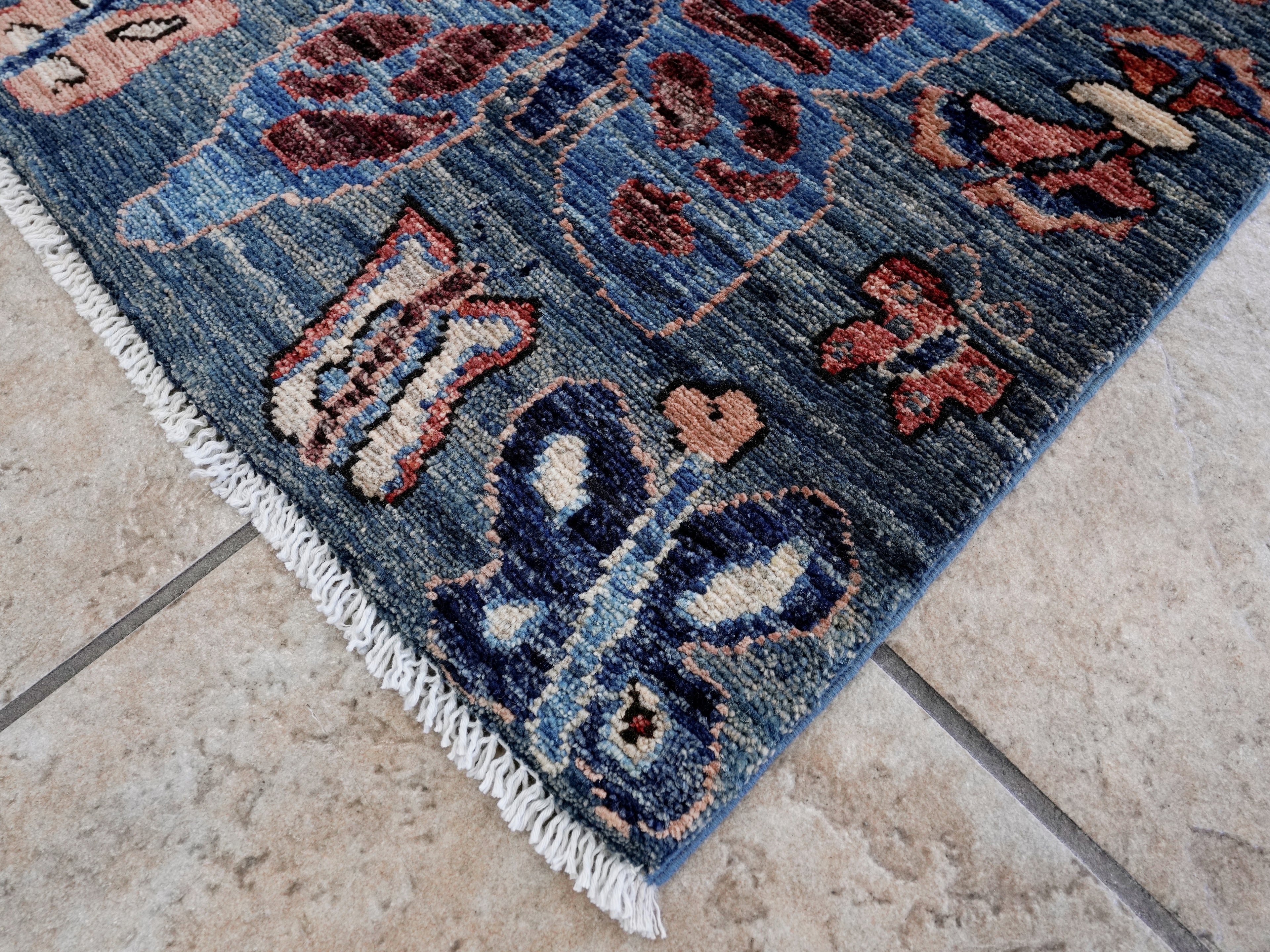 2x3 Ft Blue Butterfly Rug - Hand Knotted Afghan Rug