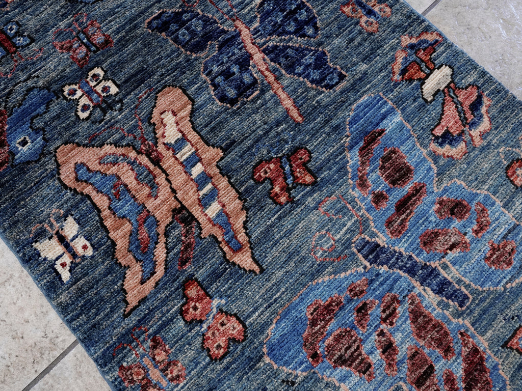 2x3 Ft Blue Butterfly Rug - Hand Knotted Afghan Rug