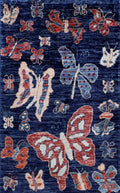 2x3 Ft Dark Blue Butterfly Rug - Hand Knotted Afghan Rug