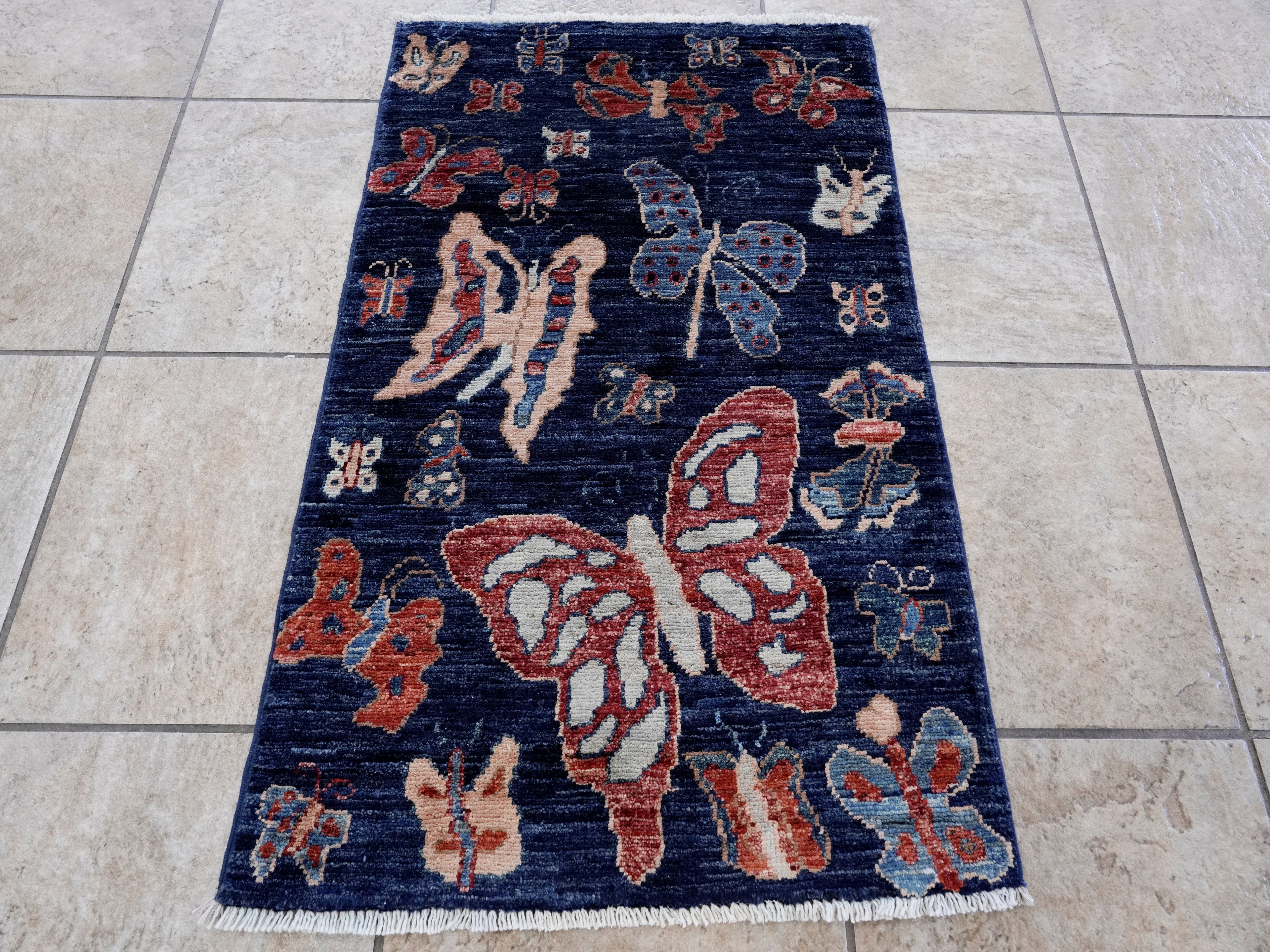 2x3 Ft Dark Blue Butterfly Rug - Hand Knotted Afghan Rug