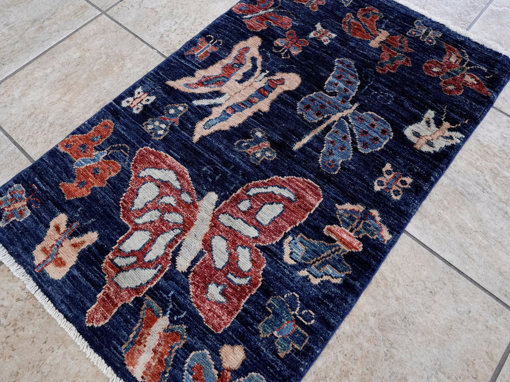 2x3 Ft Dark Blue Butterfly Rug - Hand Knotted Afghan Rug