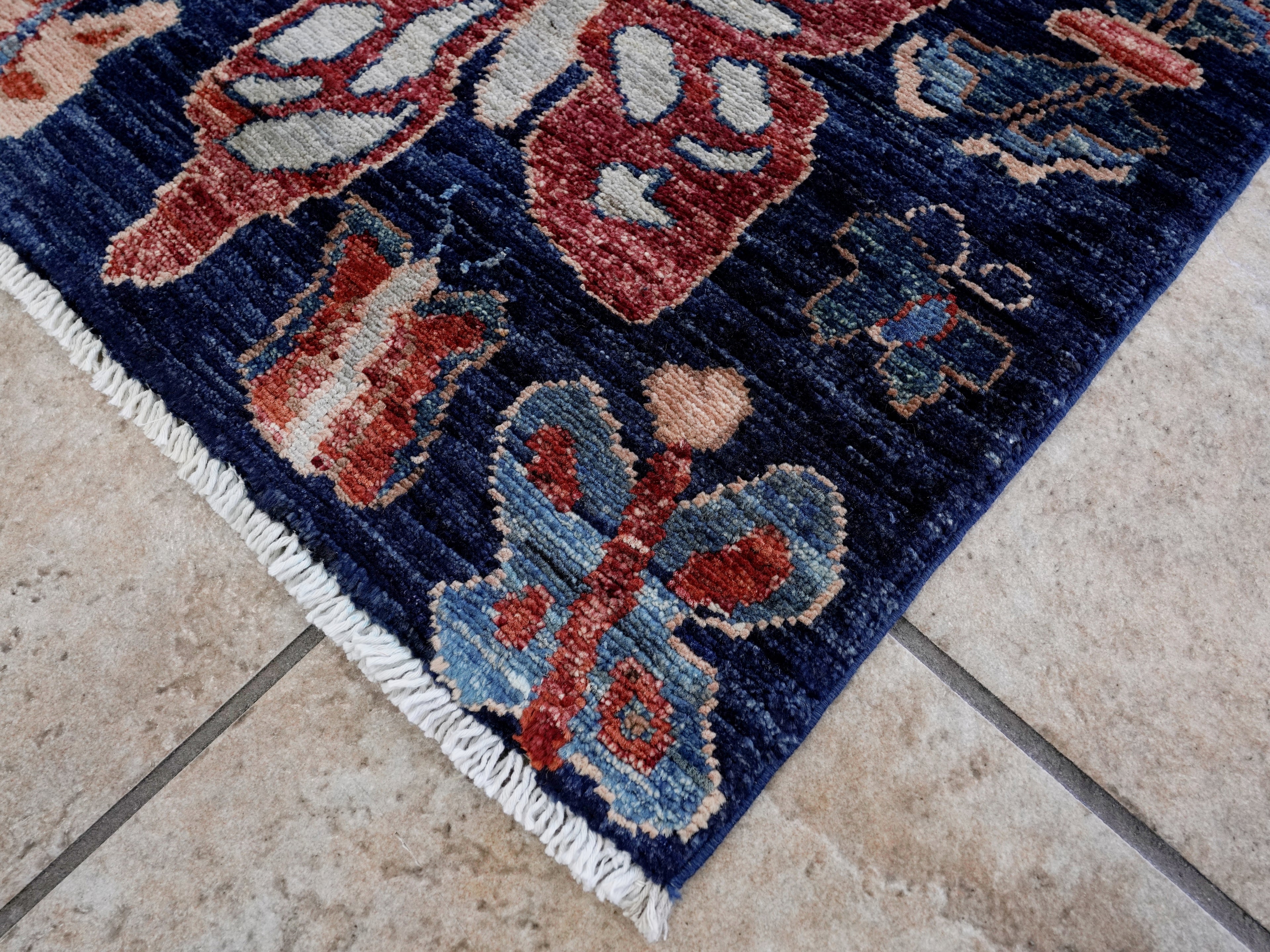 2x3 Ft Dark Blue Butterfly Rug - Hand Knotted Afghan Rug