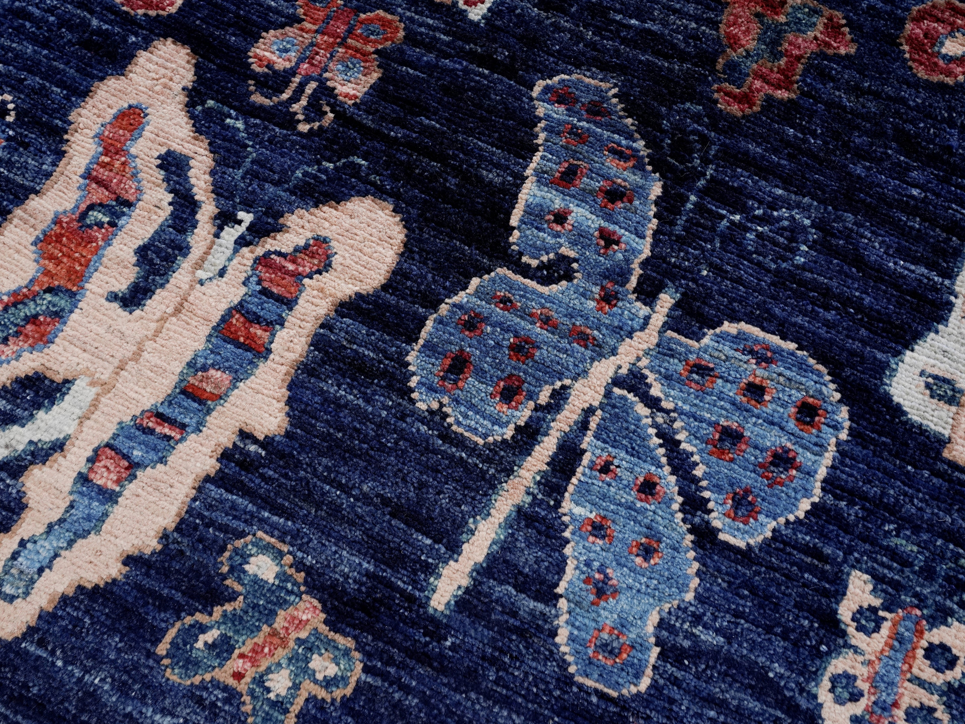 2x3 Ft Dark Blue Butterfly Rug - Hand Knotted Afghan Rug