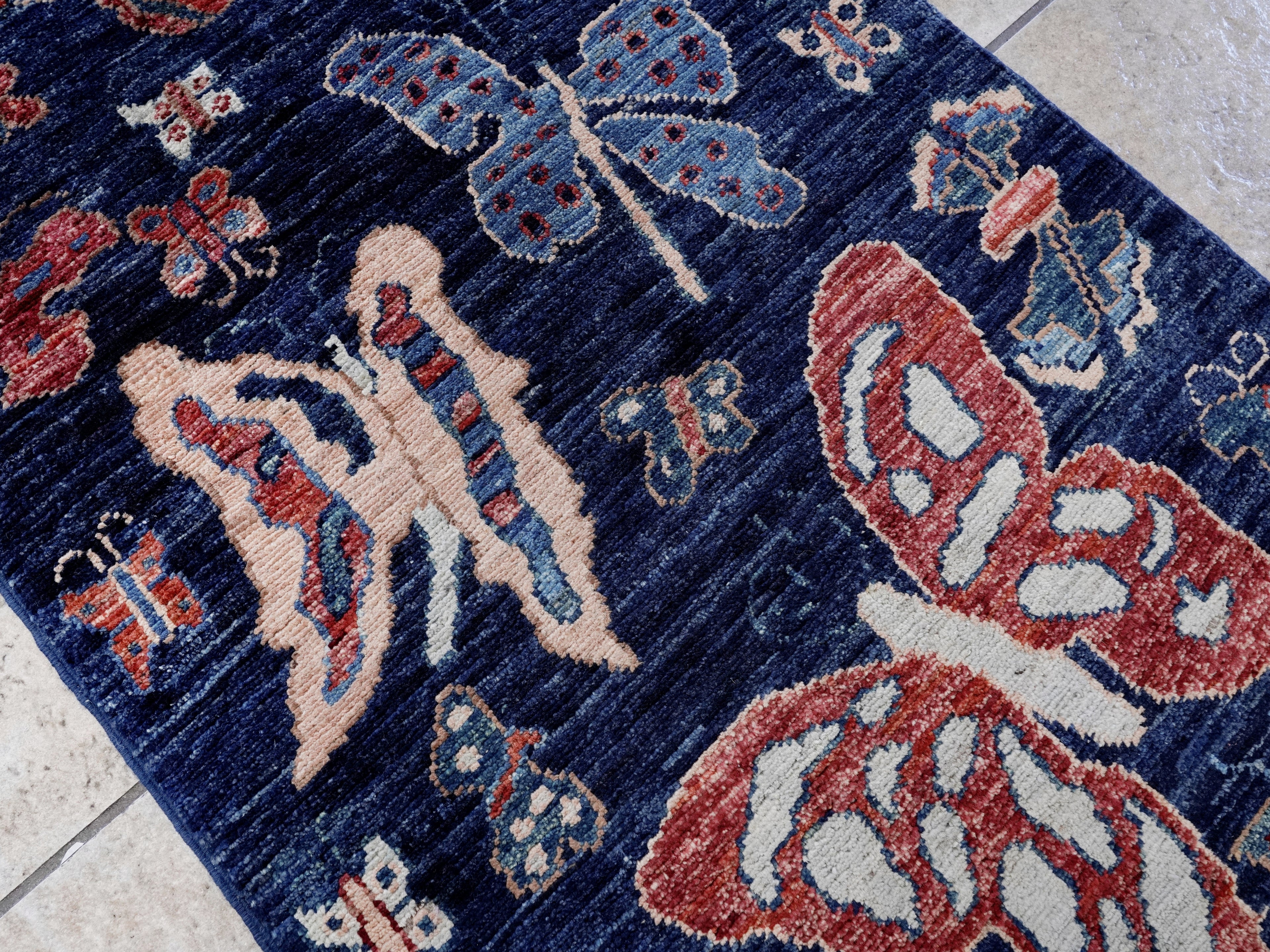 2x3 Ft Dark Blue Butterfly Rug - Hand Knotted Afghan Rug